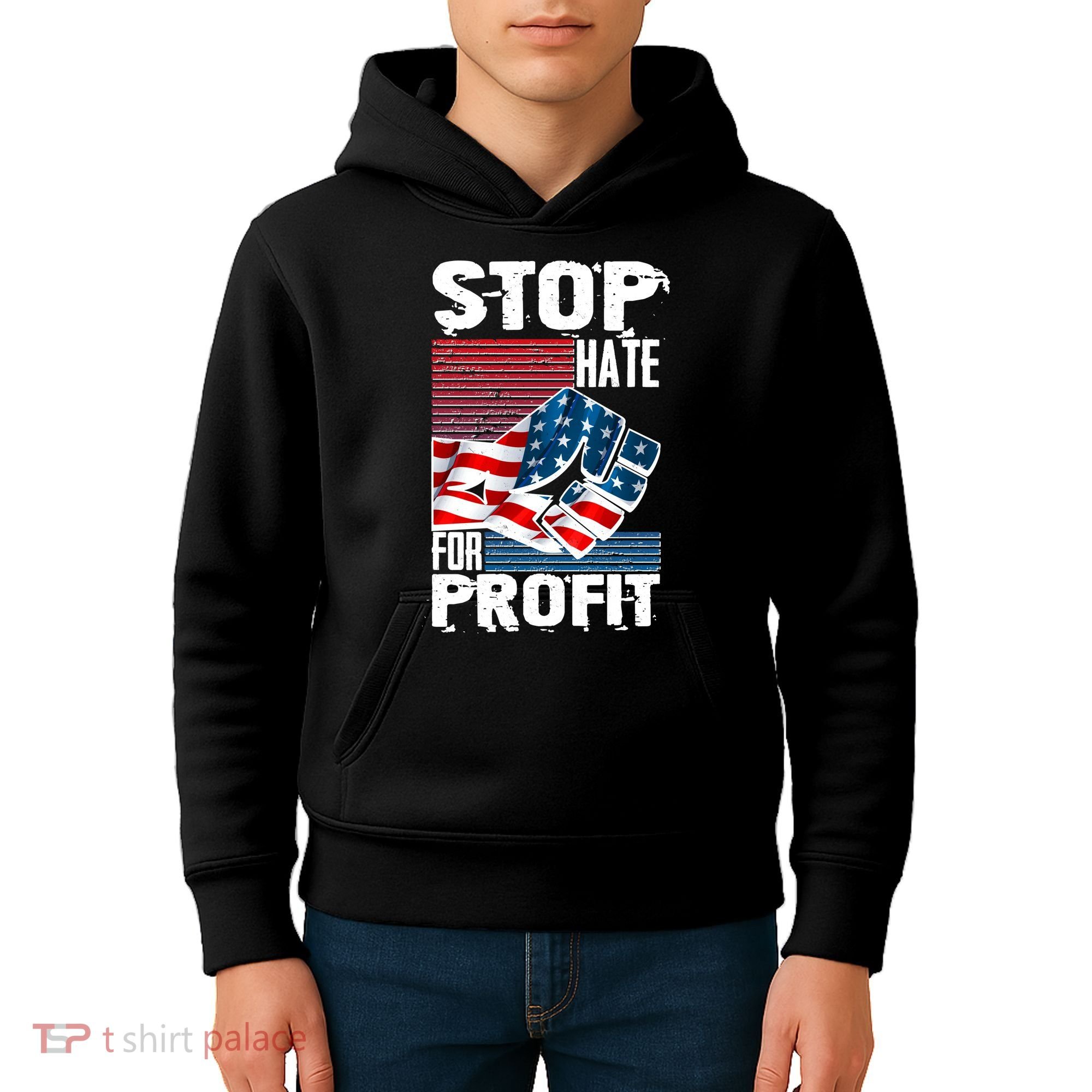 Stop Hate for Profit USA Flag Fist Kids Hoodie