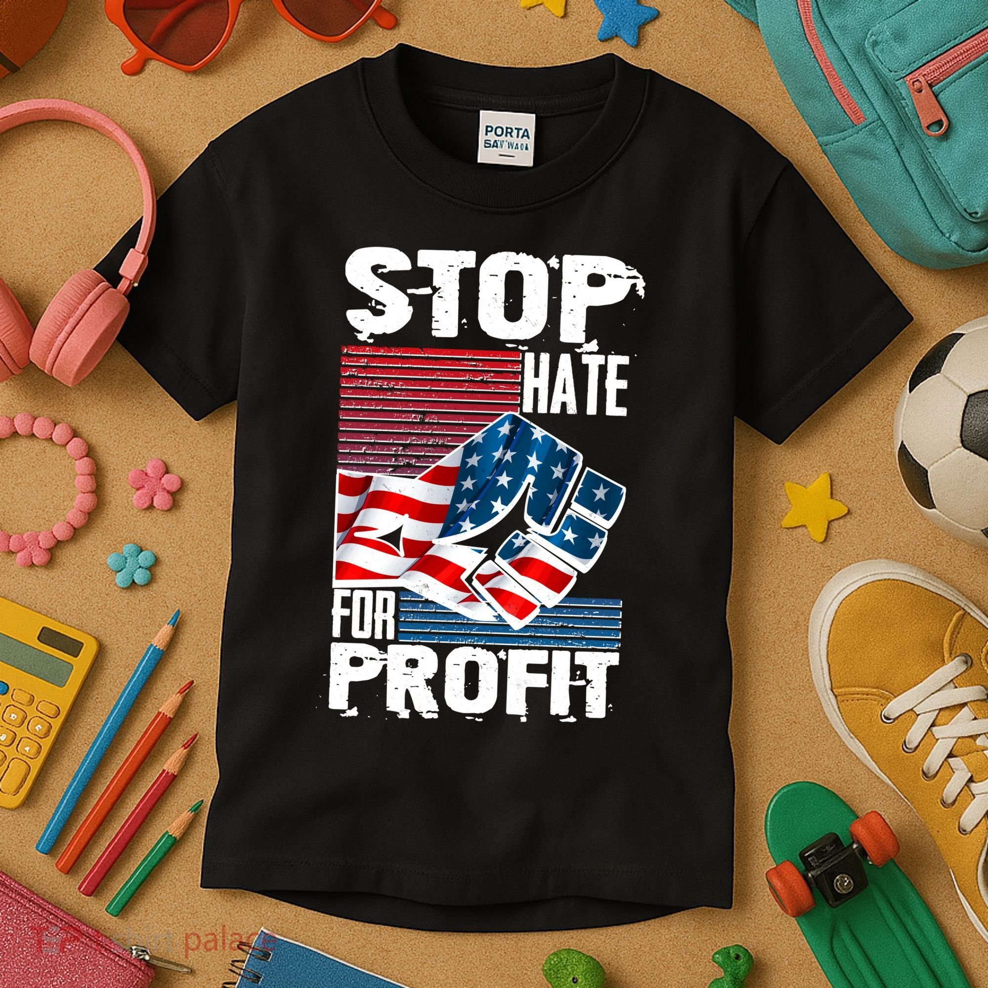 Stop Hate for Profit USA Flag Fist Kids T-Shirt