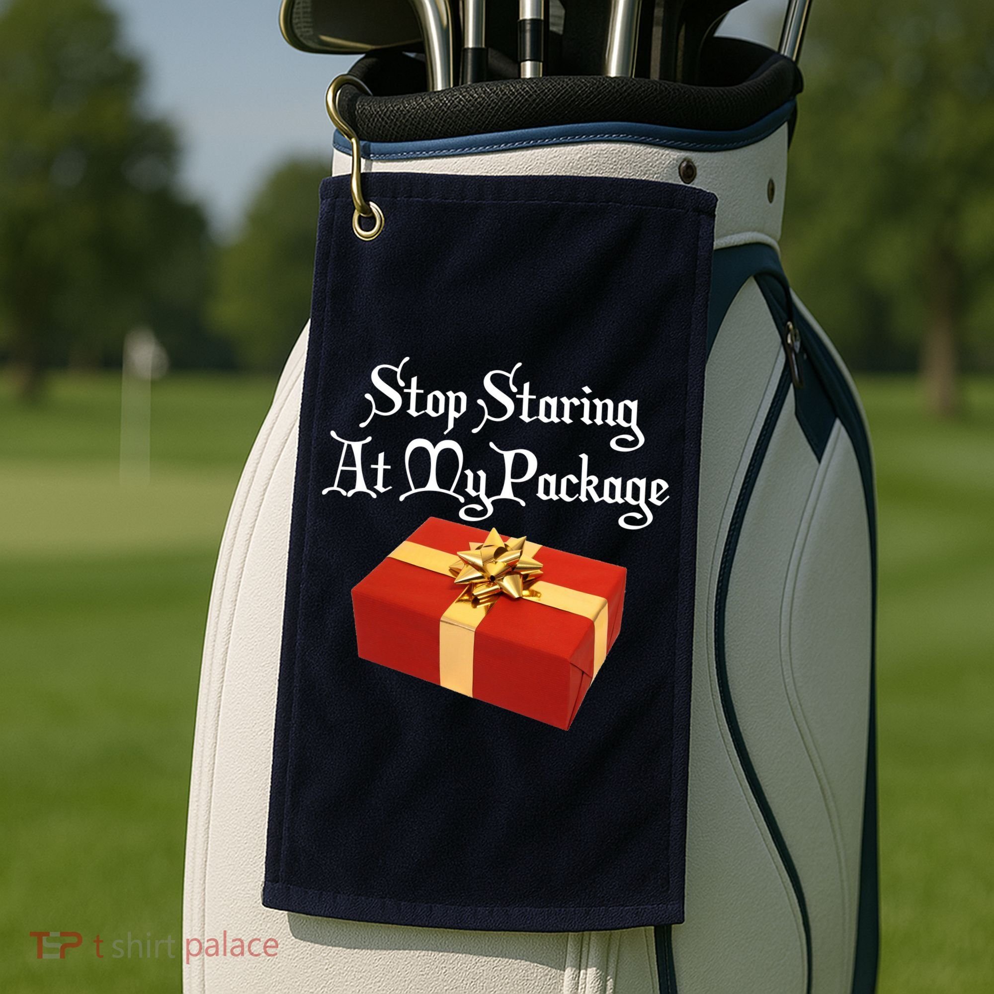 Stop Staring At My Package Christmas Present X-Mas Golf Towel