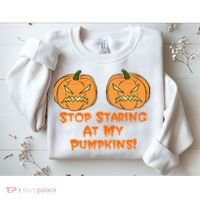 Stop Staring At My Pumpkins Halloween Costume Sweatshirt thumb 2