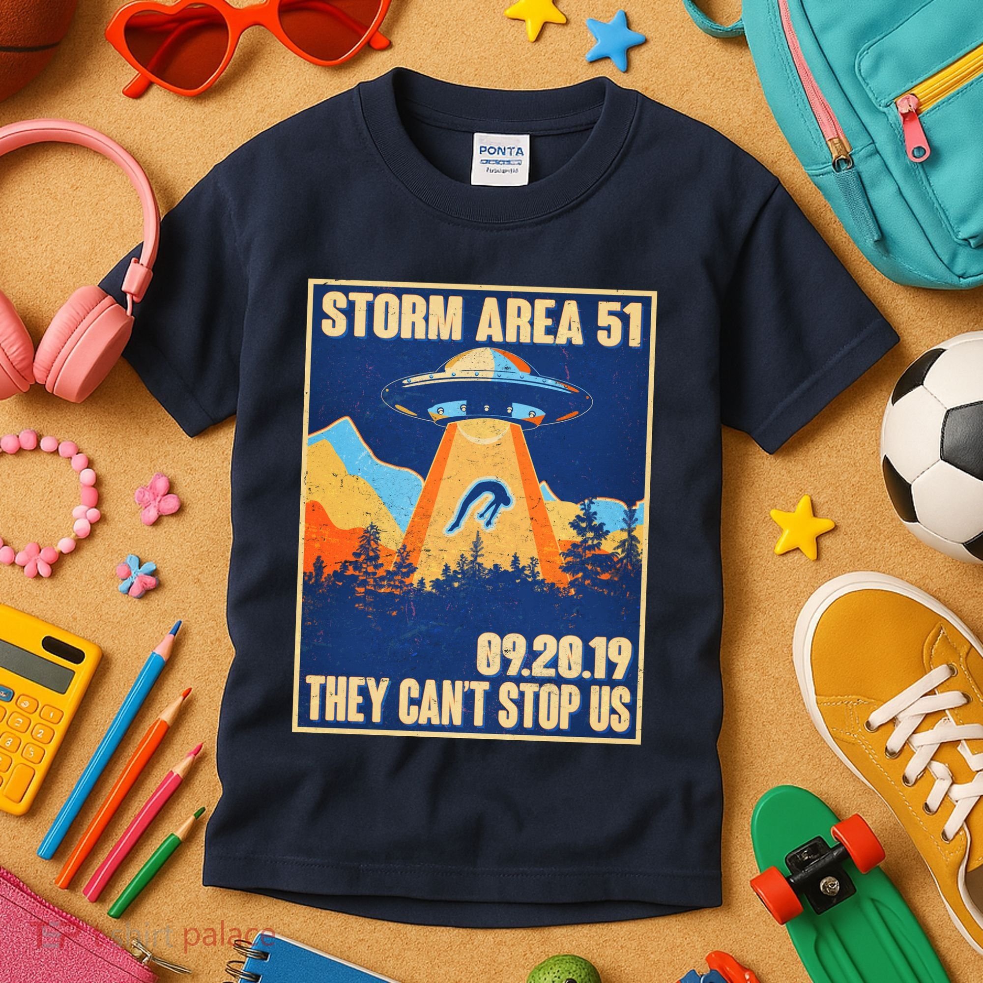 Storm Area 51 Travel Poster They Can't Stop Us Kids T-Shirt