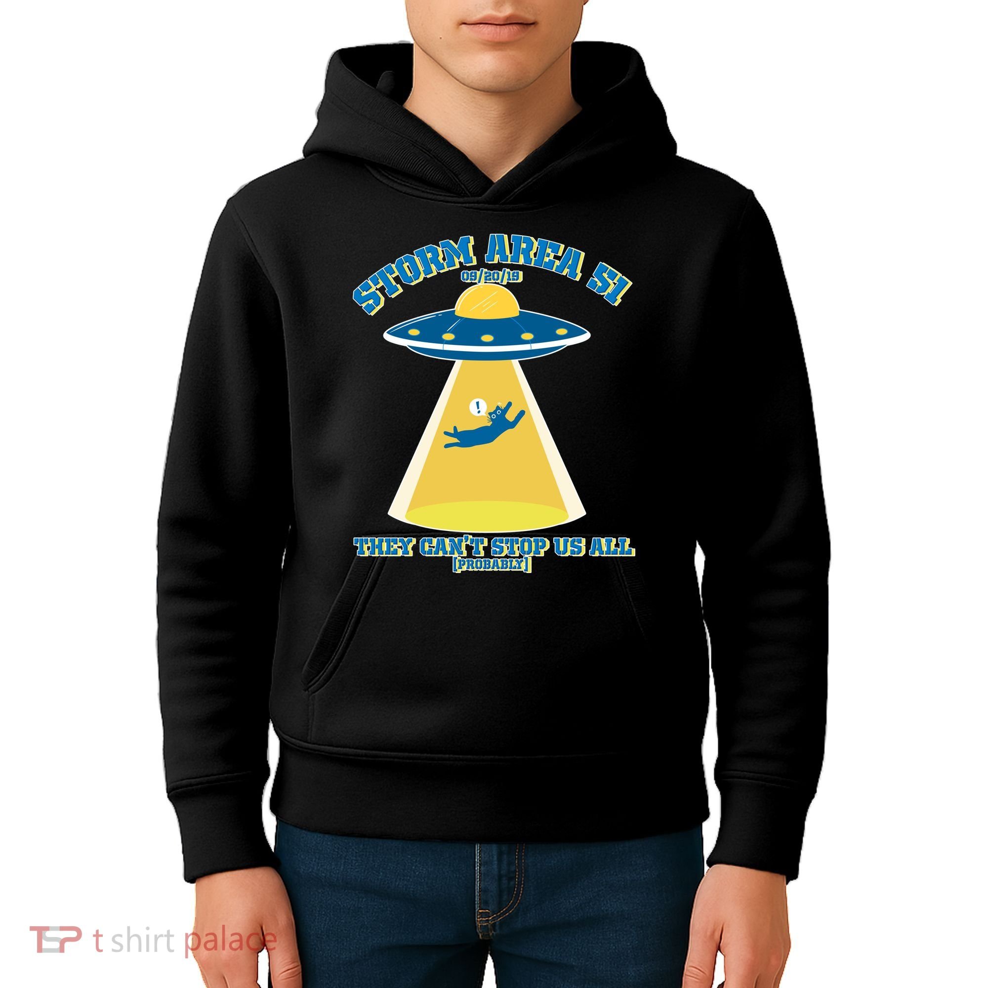 Storm Area 51 UFO Cat They Can't Stop Us All Kids Hoodie