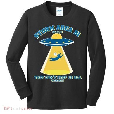 Storm Area 51 UFO Cat They Can't Stop Us All Kids Long Sleeve Shirt