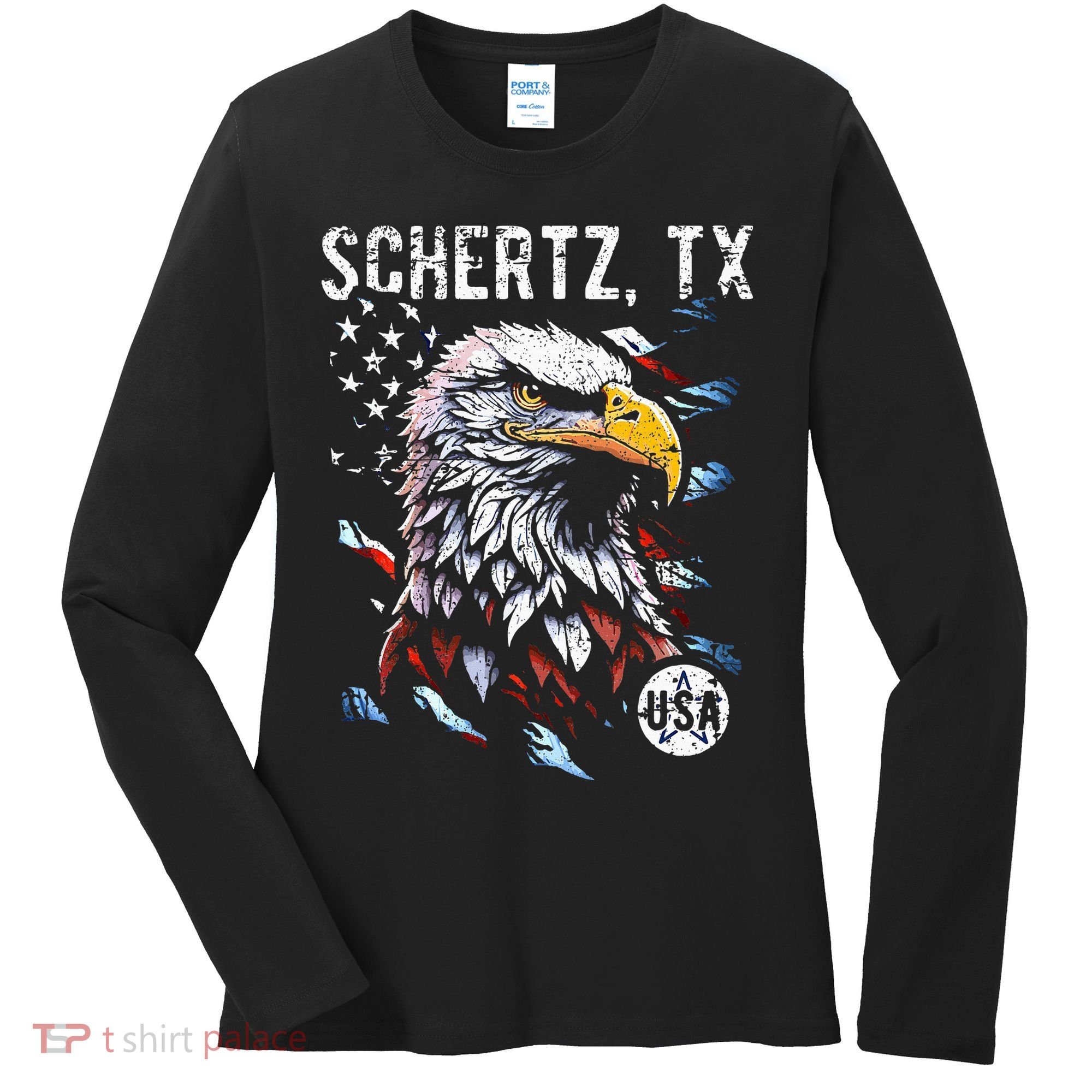Schertz Texas Patriotic Eagle Usa Flag Women's Long Sleeve Shirt