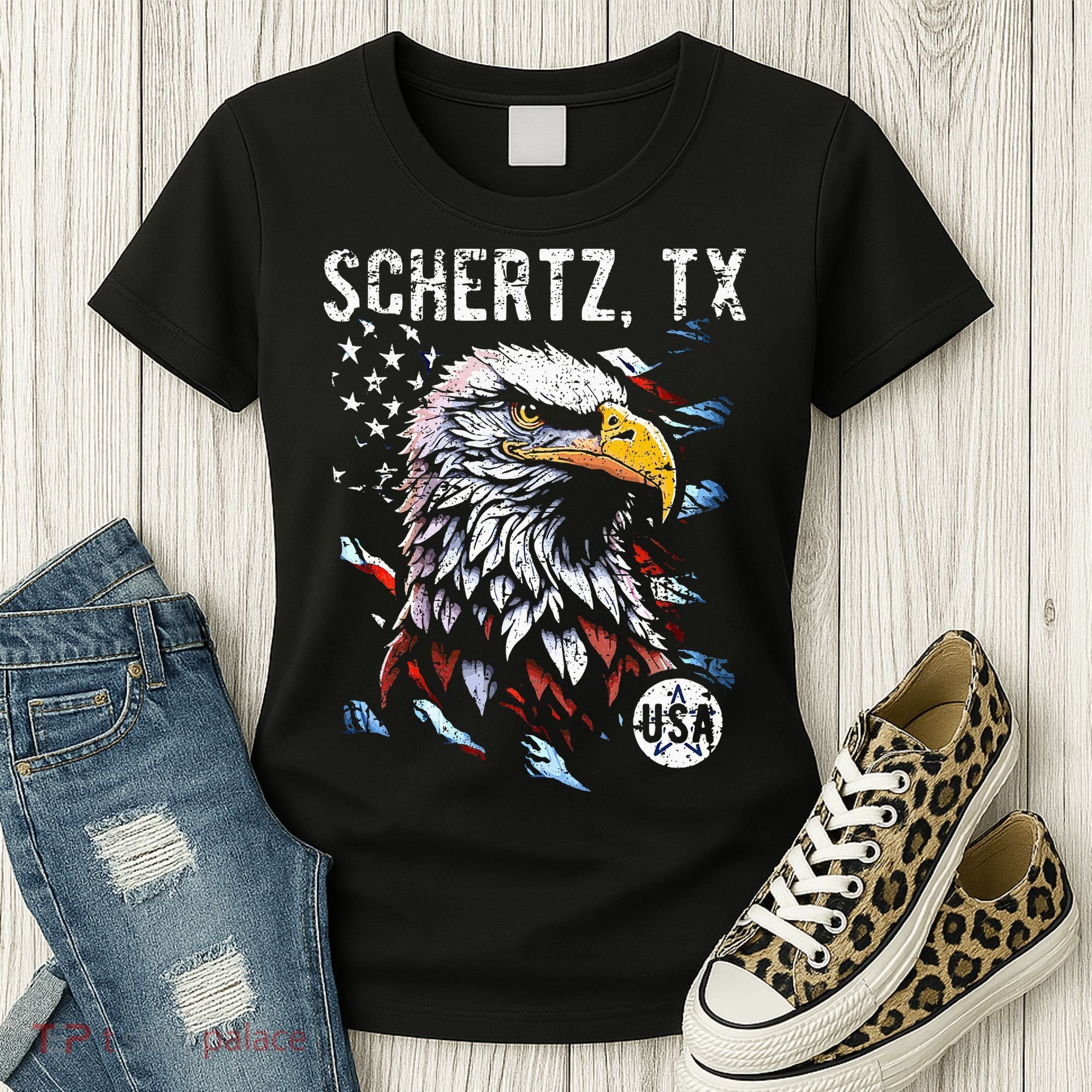 Schertz Texas Patriotic Eagle Usa Flag Women's T-Shirt