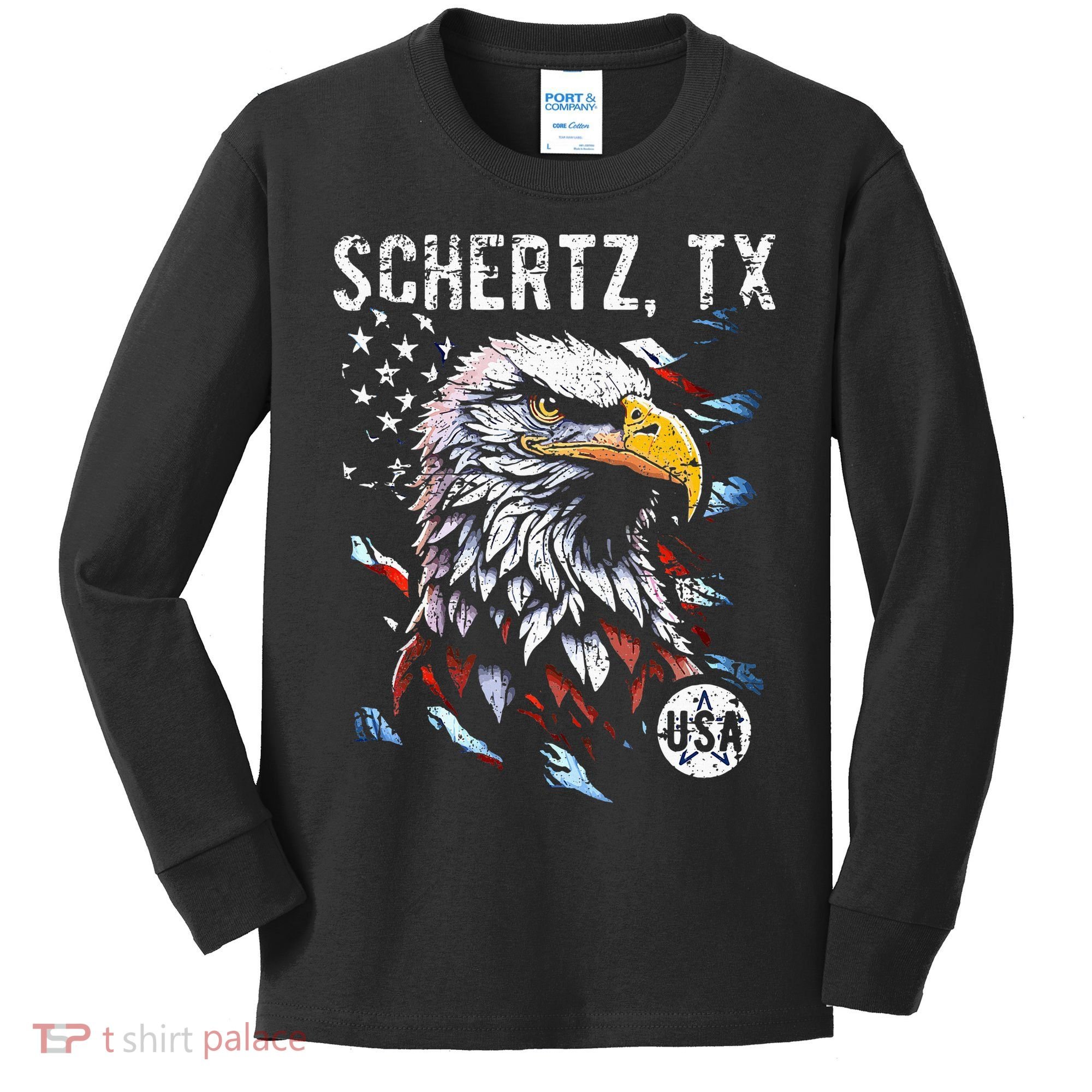 Schertz Texas Patriotic Eagle Usa Flag Kids Long Sleeve Shirt