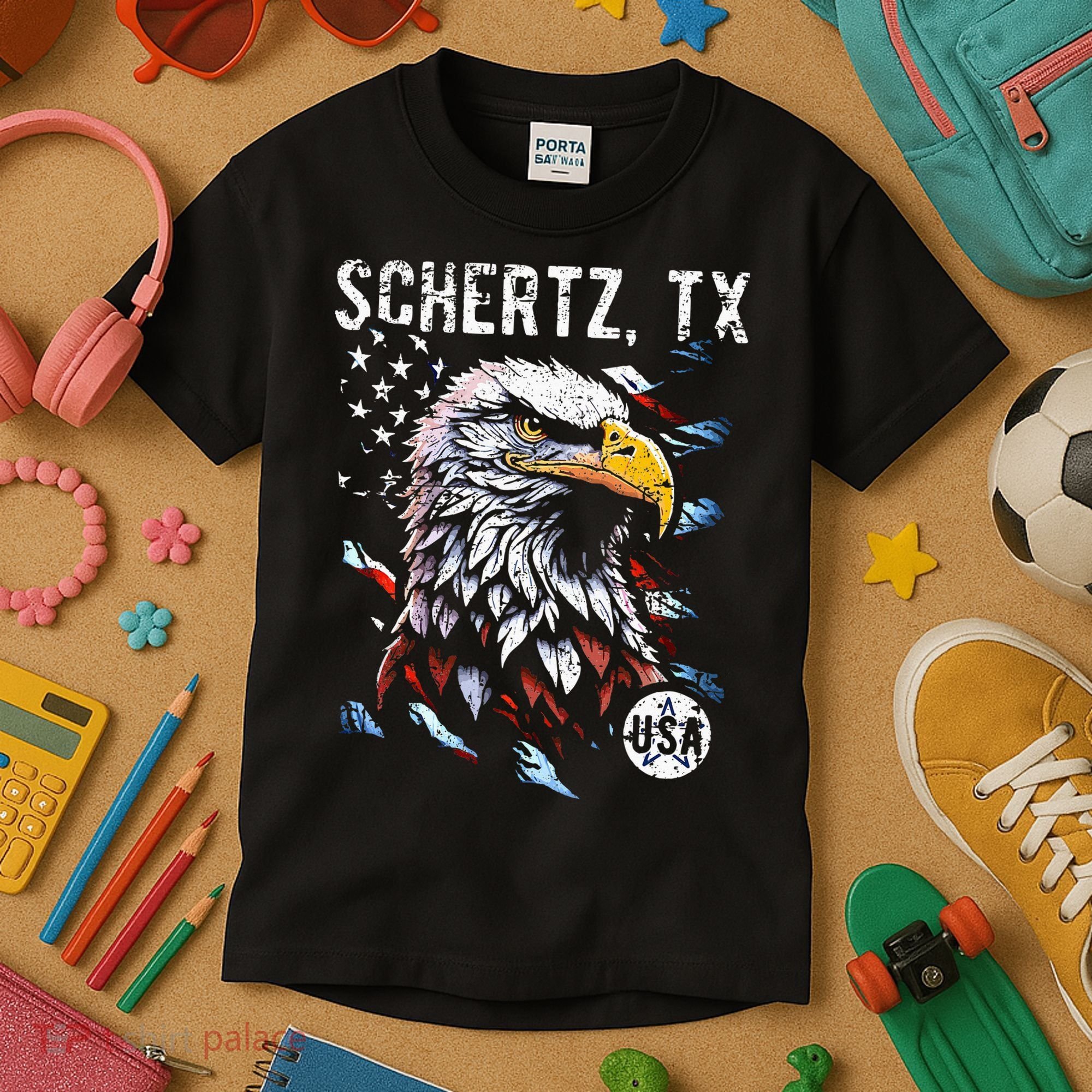 Schertz Texas Patriotic Eagle Usa Flag Kids T-Shirt