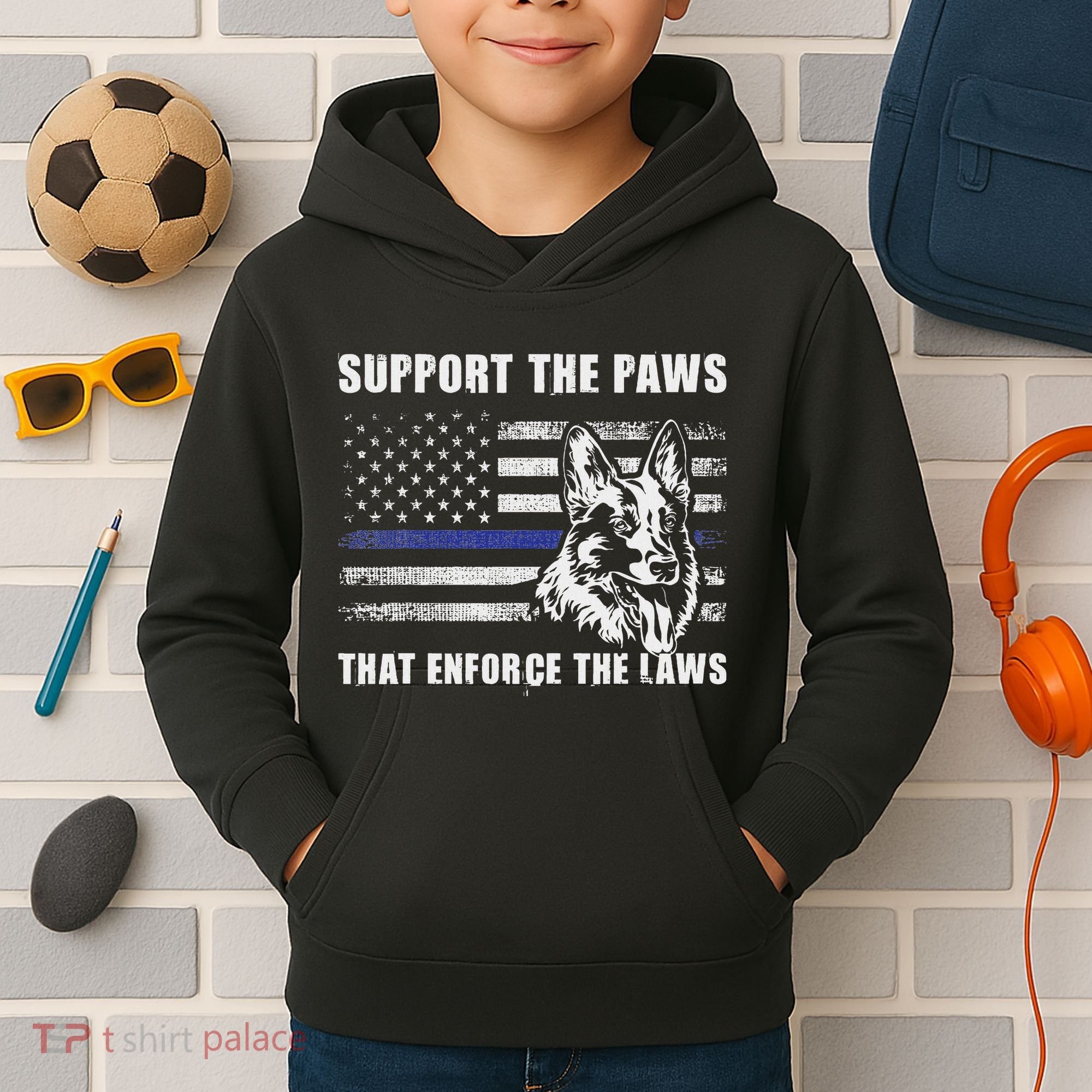 Support The Paws That Enforce The Laws Blue Line K9 Police Kids Hoodie