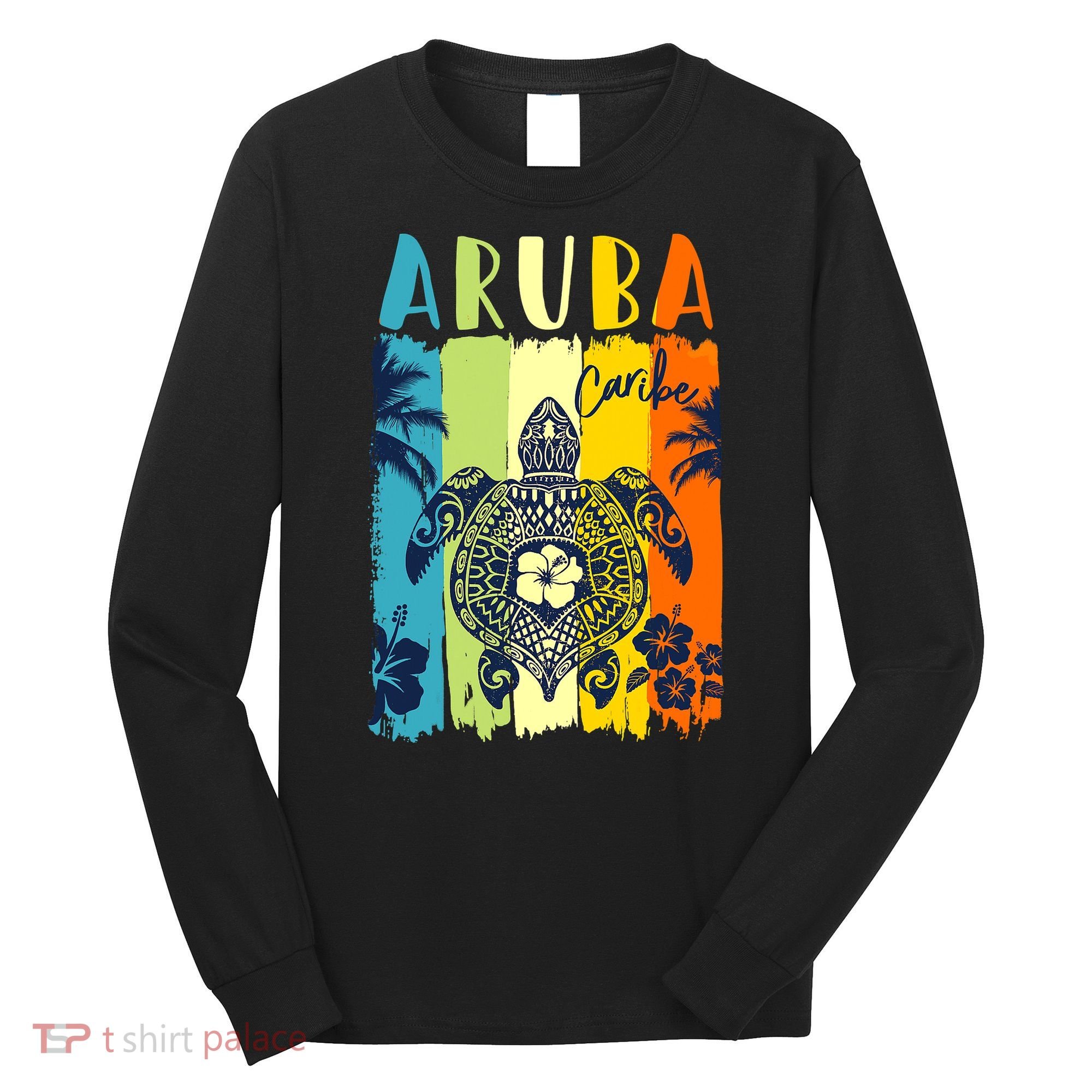 Sea Turtle Retro Aruba Caribe Family Vacation Long Sleeve Shirt