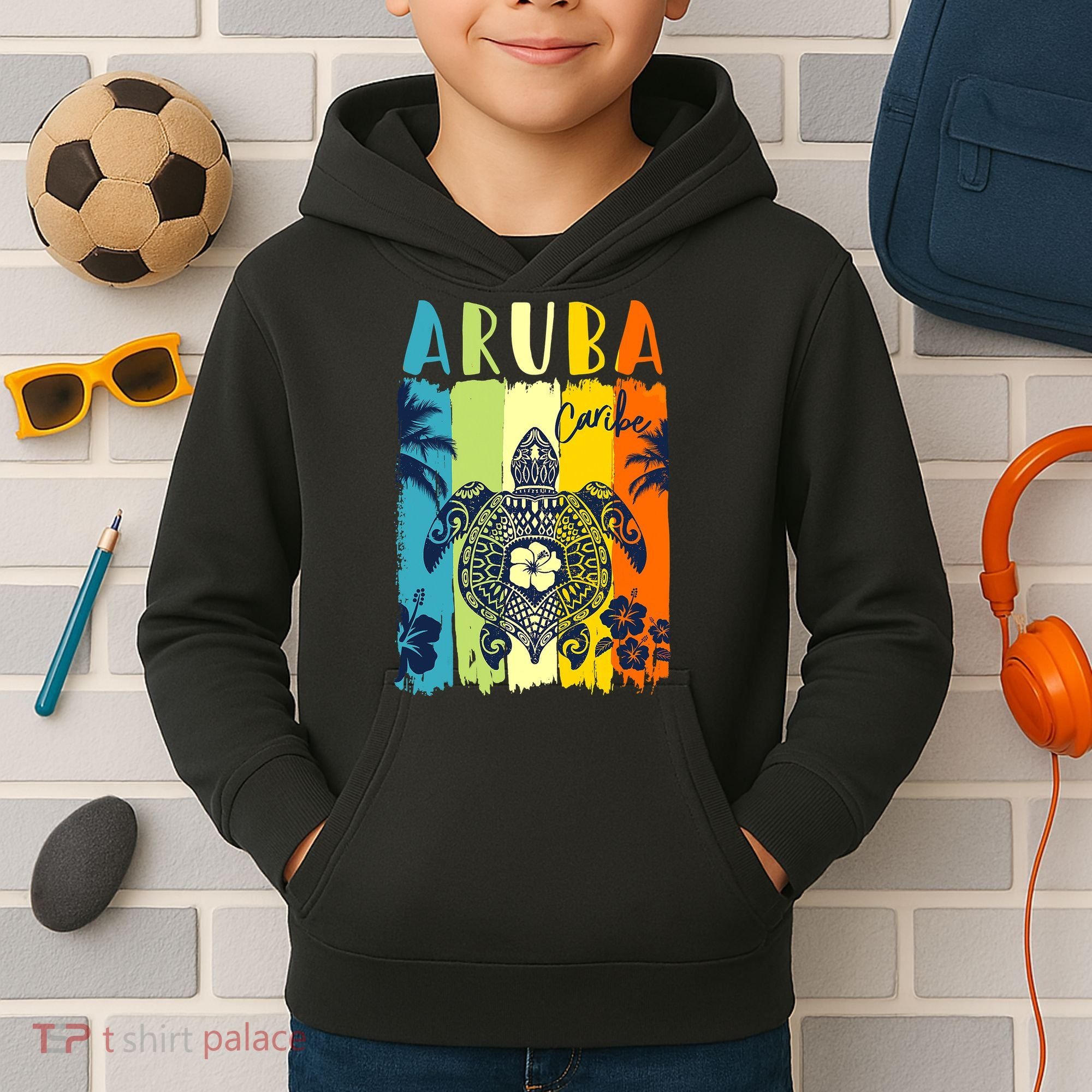 Sea Turtle Retro Aruba Caribe Family Vacation Kids Hoodie