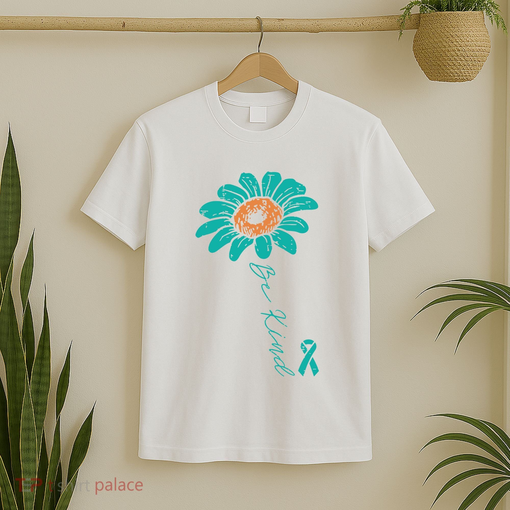 Sunflower Teal Ribbon Be Kind Ovarian Cancer Awareness Women T-Shirt