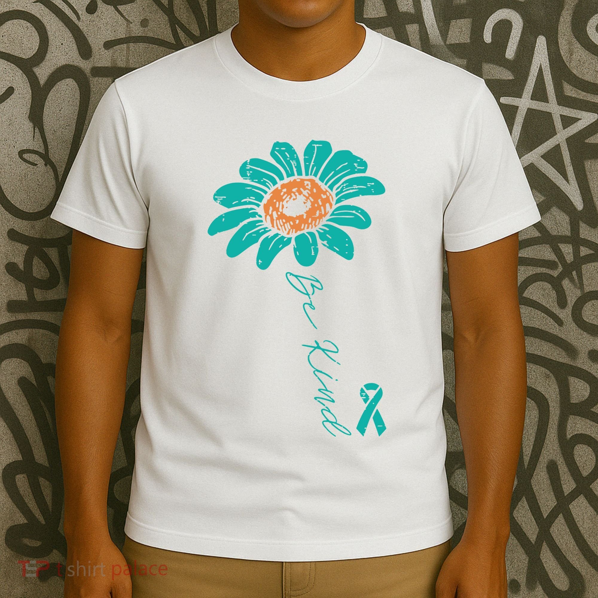 Sunflower Teal Ribbon Be Kind Ovarian Cancer Awareness Women T-Shirt