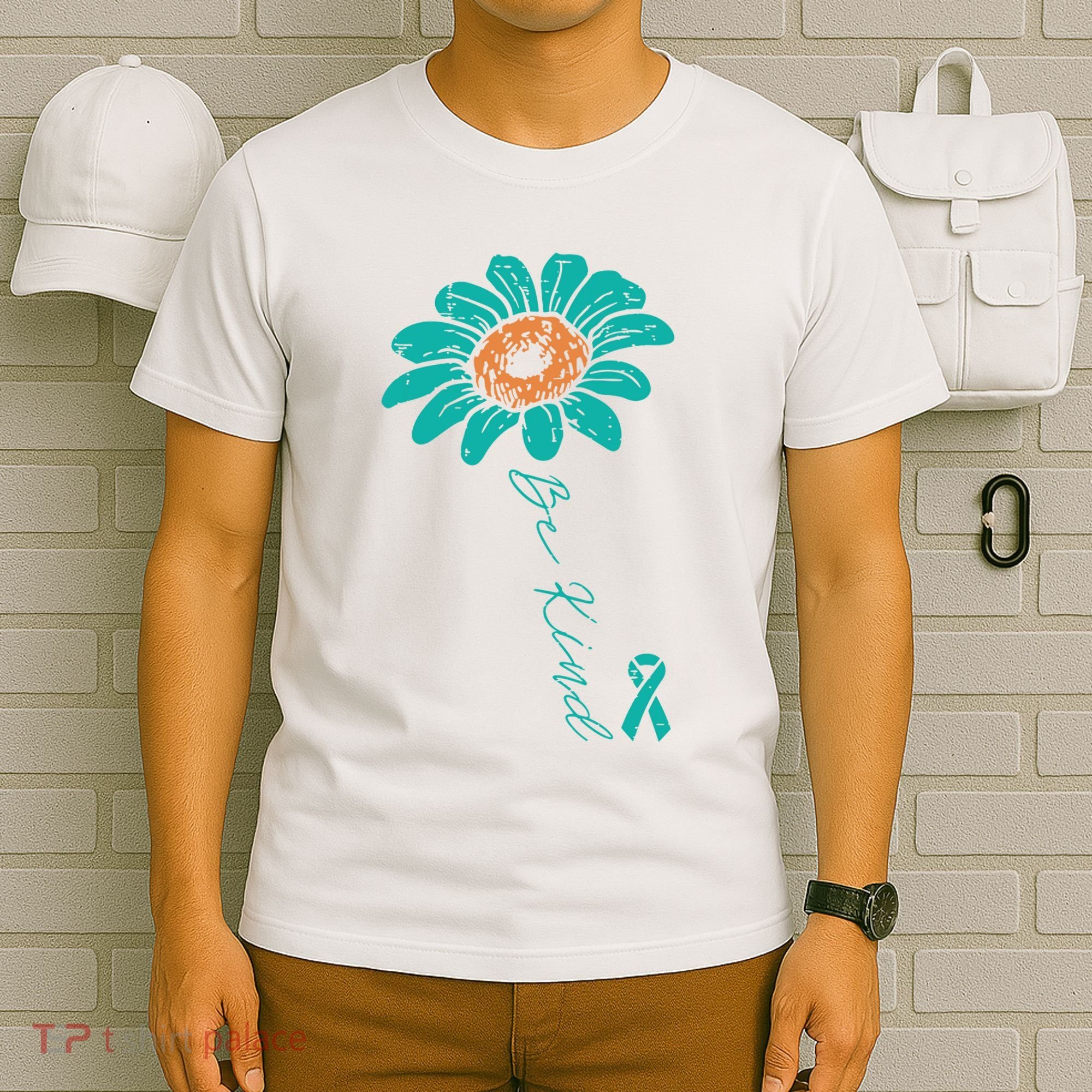 Sunflower Teal Ribbon Be Kind Ovarian Cancer Awareness Women T-Shirt