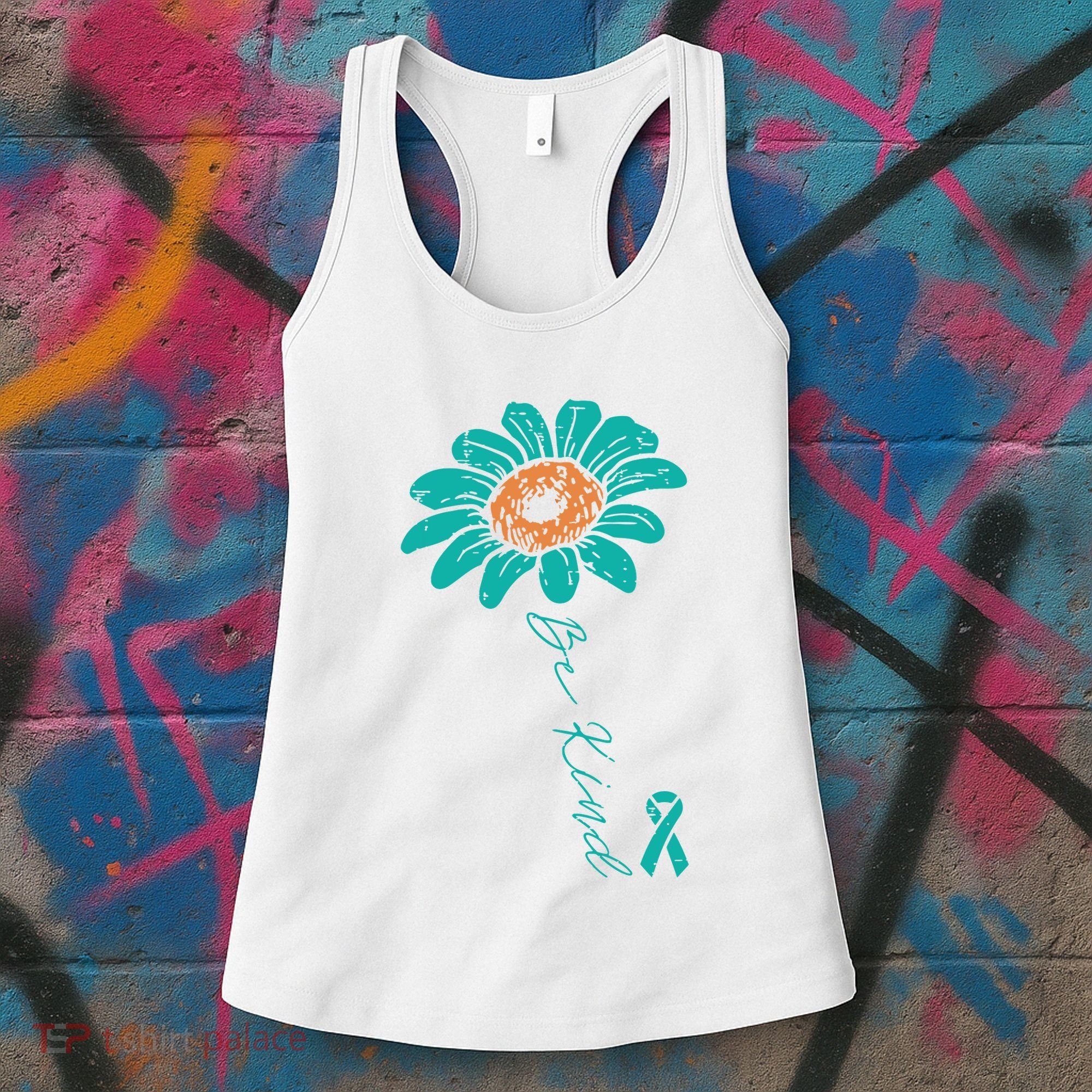 Sunflower Teal Ribbon Be Kind Ovarian Cancer Awareness Women Women's Tank Top