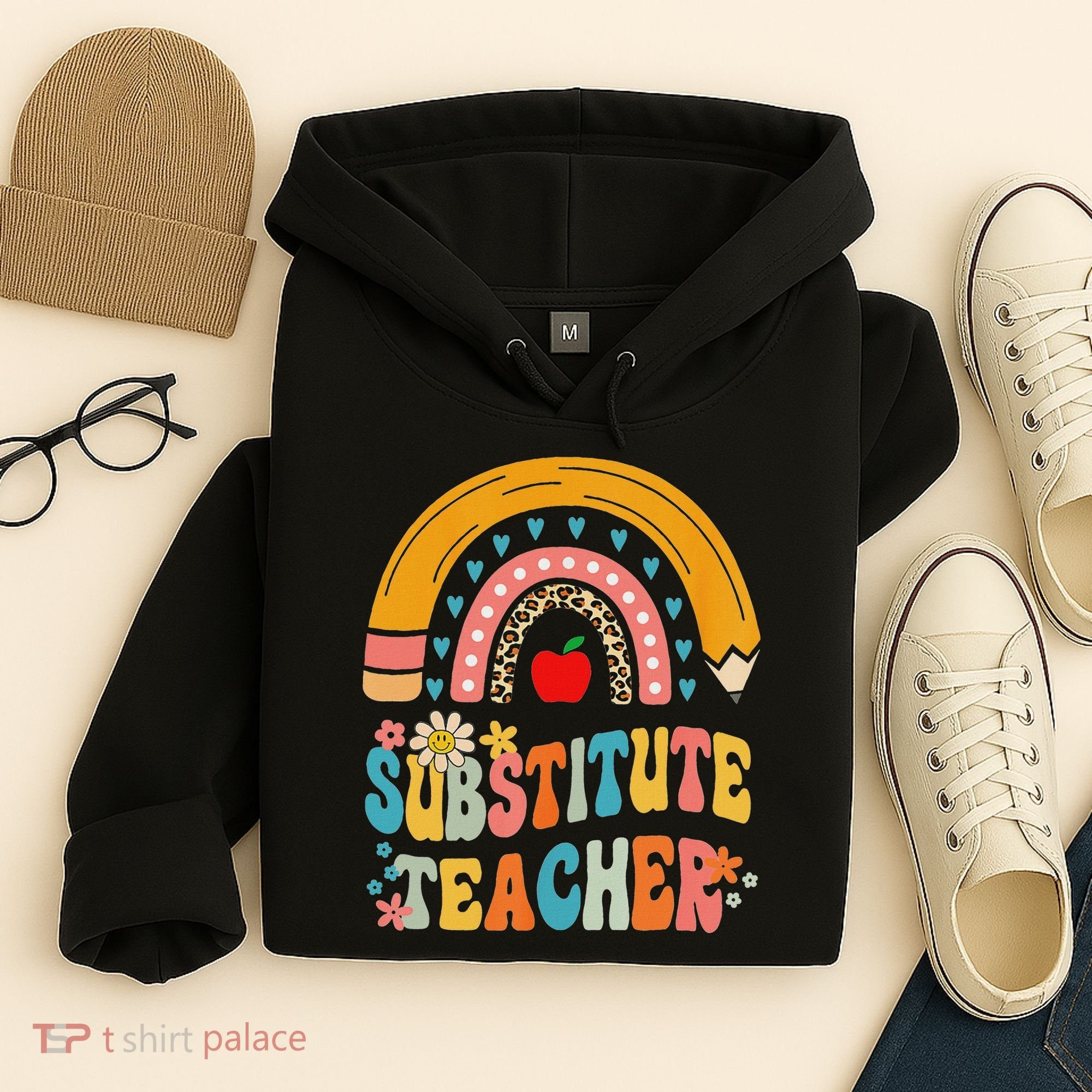 Substitute Teacher Rainbow Pencil Groovy Teacher Flower Hoodie