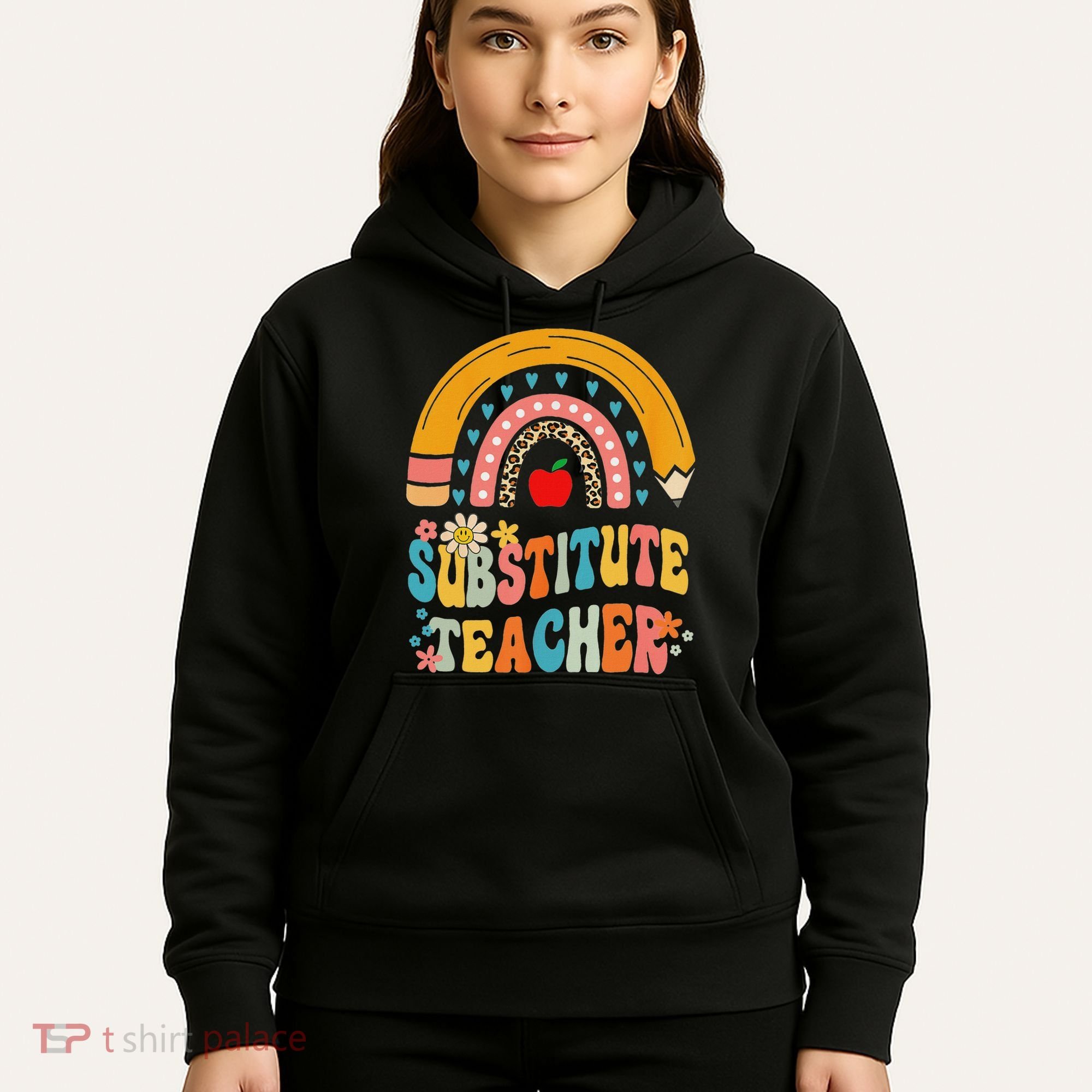 Substitute Teacher Rainbow Pencil Groovy Teacher Flower Hoodie