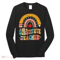 Substitute Teacher Rainbow Pencil Groovy Teacher Flower Long Sleeve Shirt thumb 0