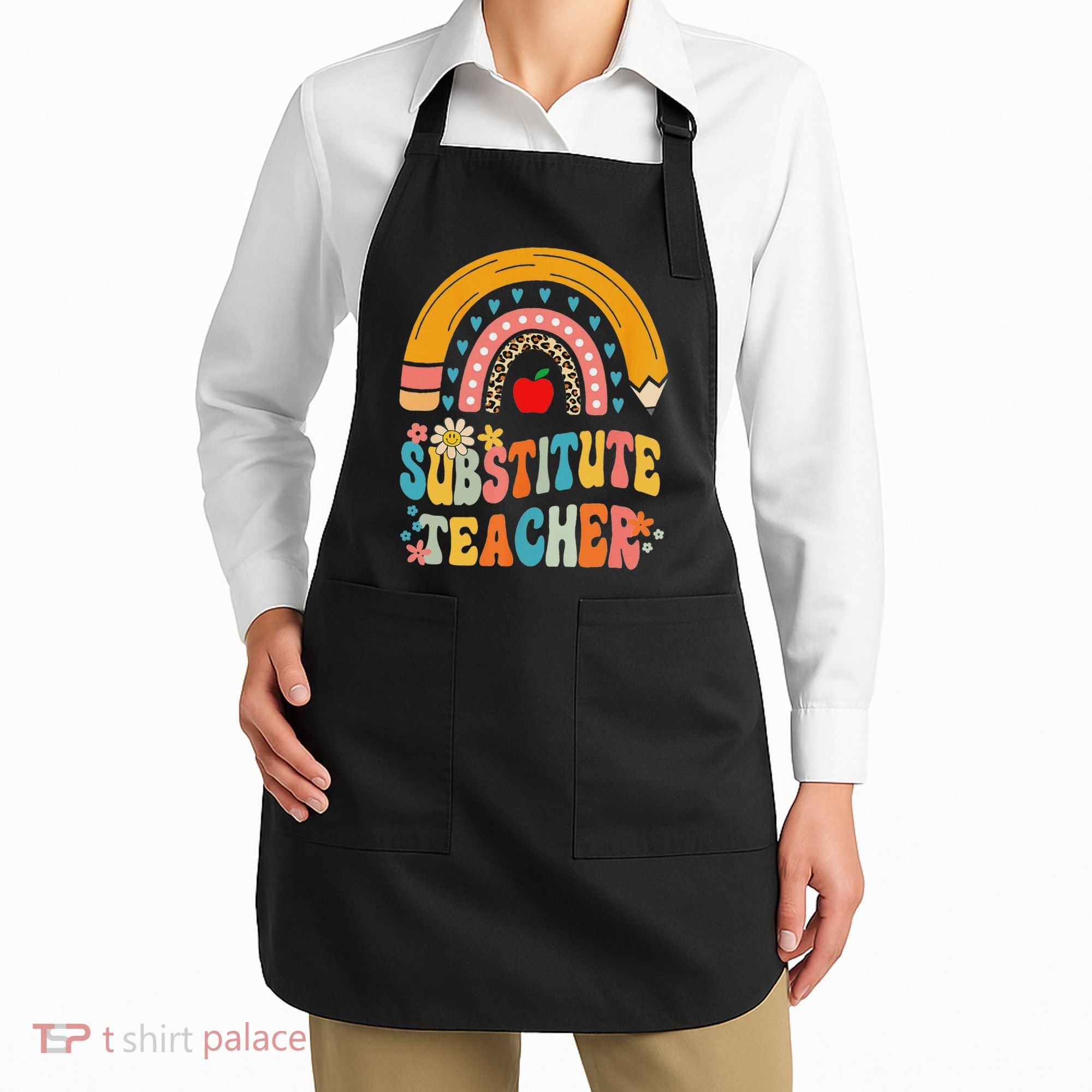 Substitute Teacher Rainbow Pencil Groovy Teacher Flower Apron