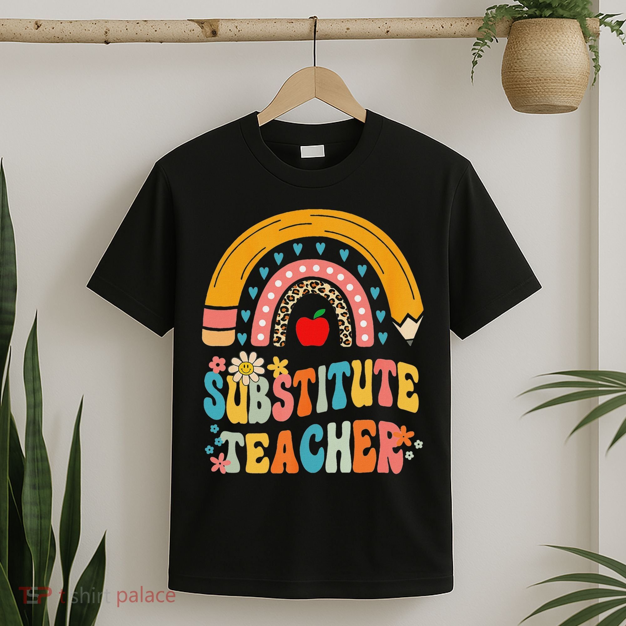 Substitute Teacher Rainbow Pencil Groovy Teacher Flower T-Shirt
