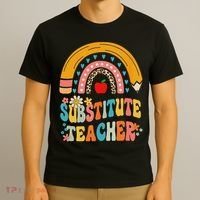 Substitute Teacher Rainbow Pencil Groovy Teacher Flower T-Shirt thumb 3