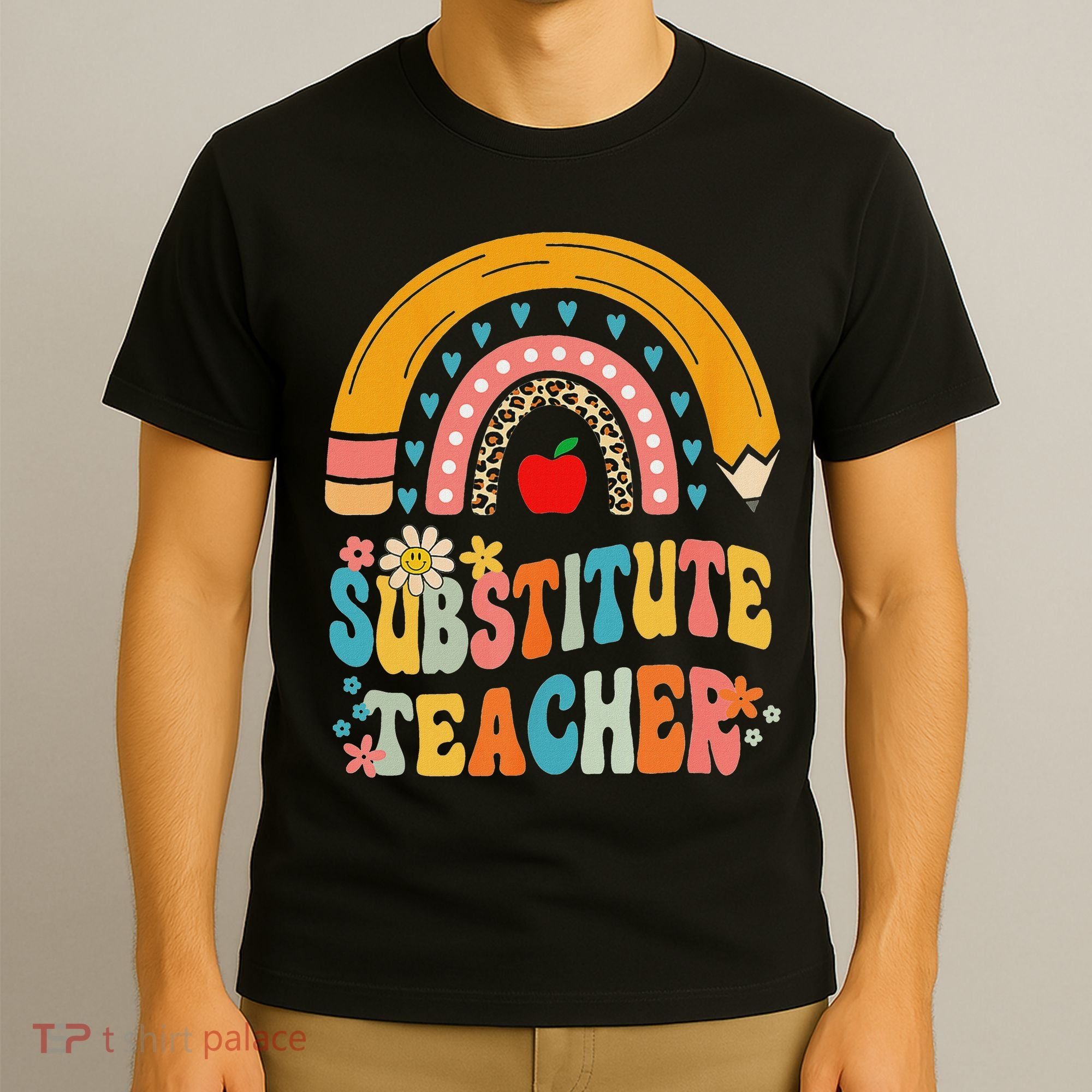 Substitute Teacher Rainbow Pencil Groovy Teacher Flower T-Shirt