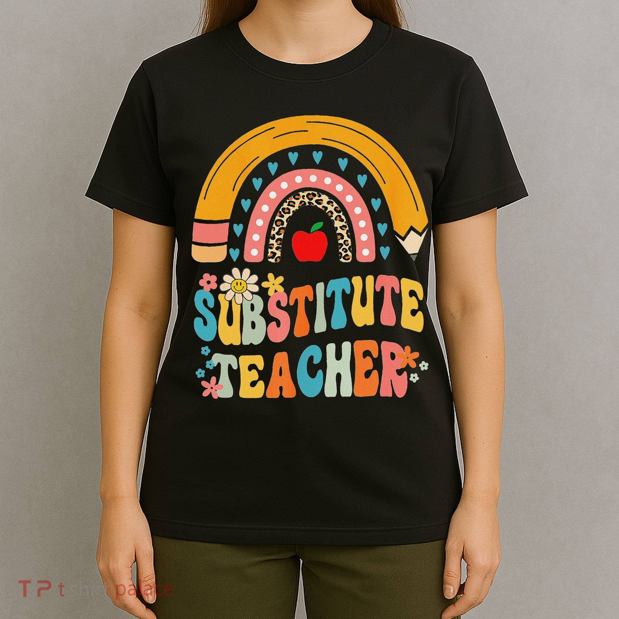 Substitute Teacher Rainbow Pencil Groovy Teacher Flower T-Shirt