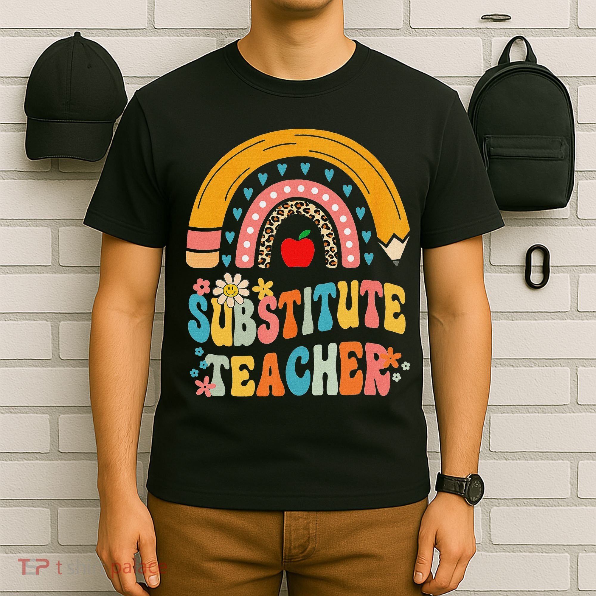 Substitute Teacher Rainbow Pencil Groovy Teacher Flower T-Shirt
