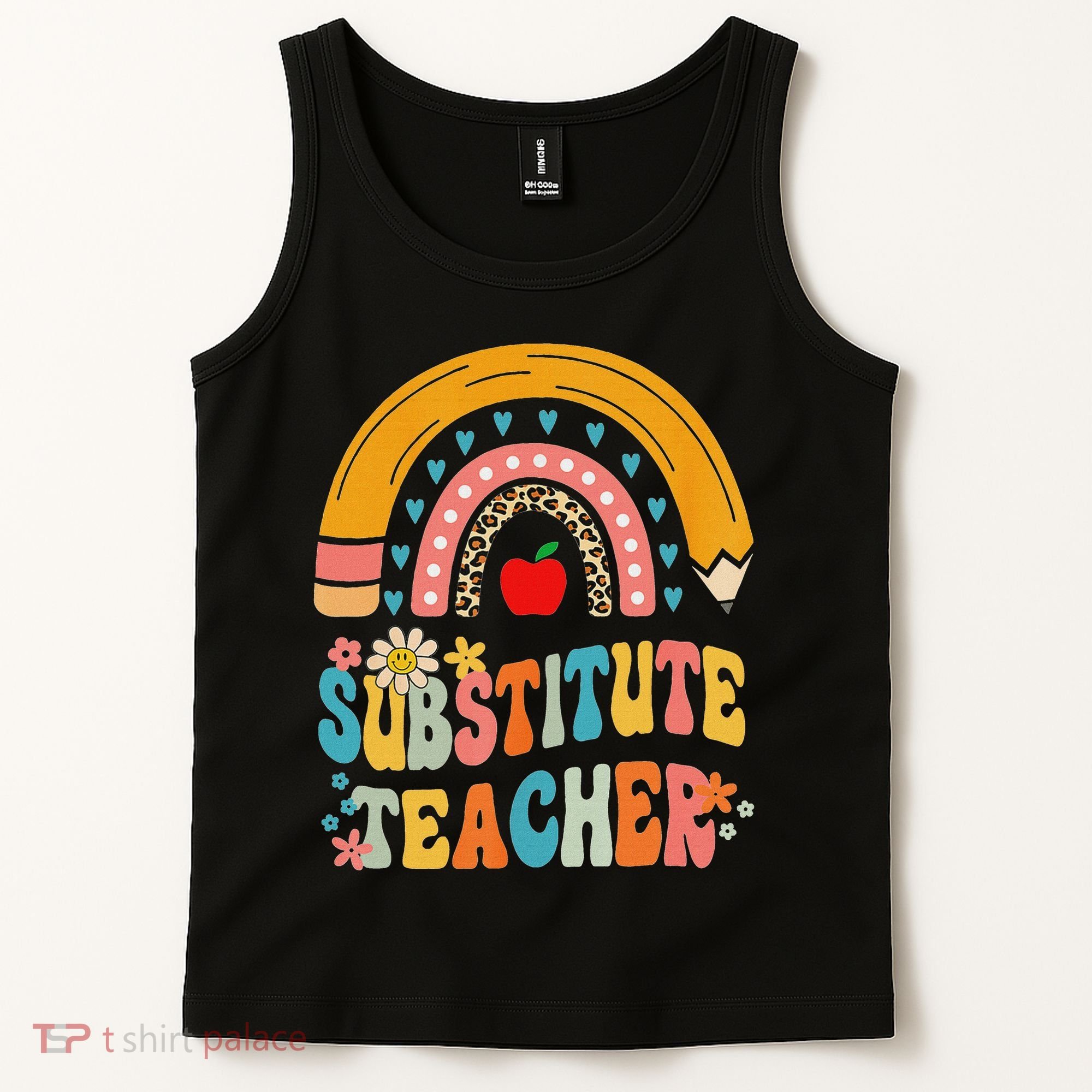 Substitute Teacher Rainbow Pencil Groovy Teacher Flower Tank Top