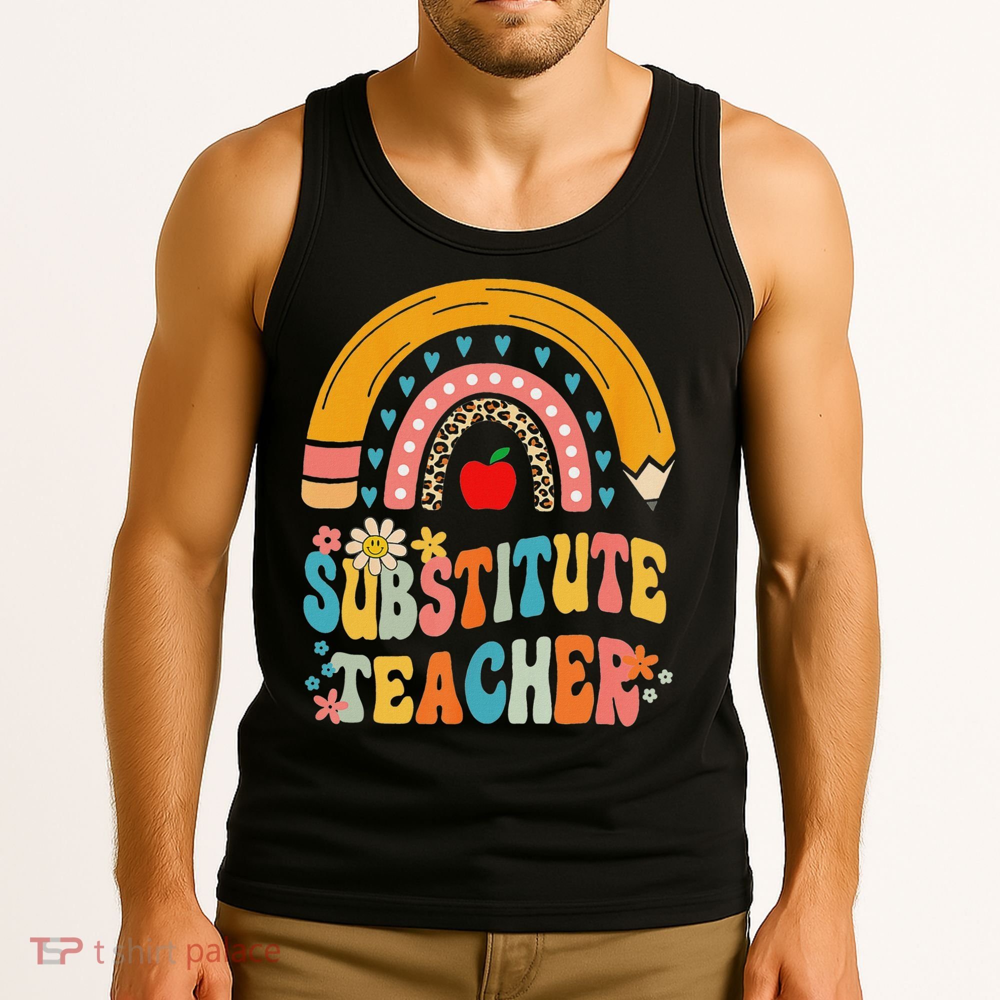 Substitute Teacher Rainbow Pencil Groovy Teacher Flower Tank Top