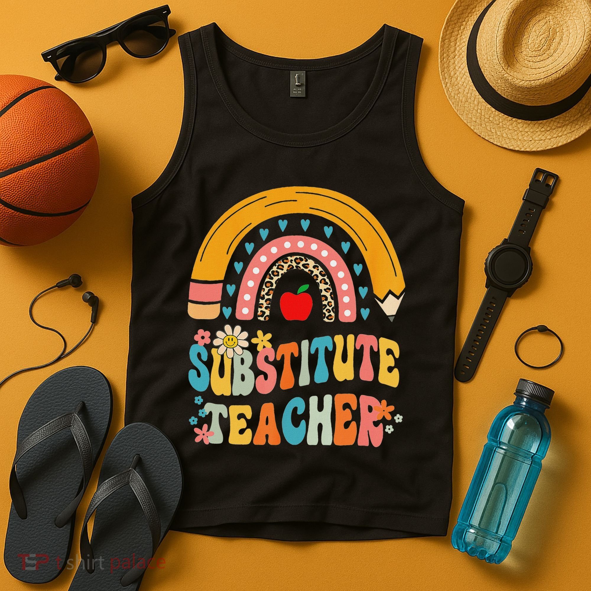 Substitute Teacher Rainbow Pencil Groovy Teacher Flower Tank Top