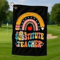 Substitute Teacher Rainbow Pencil Groovy Teacher Flower Golf Towel thumb 1