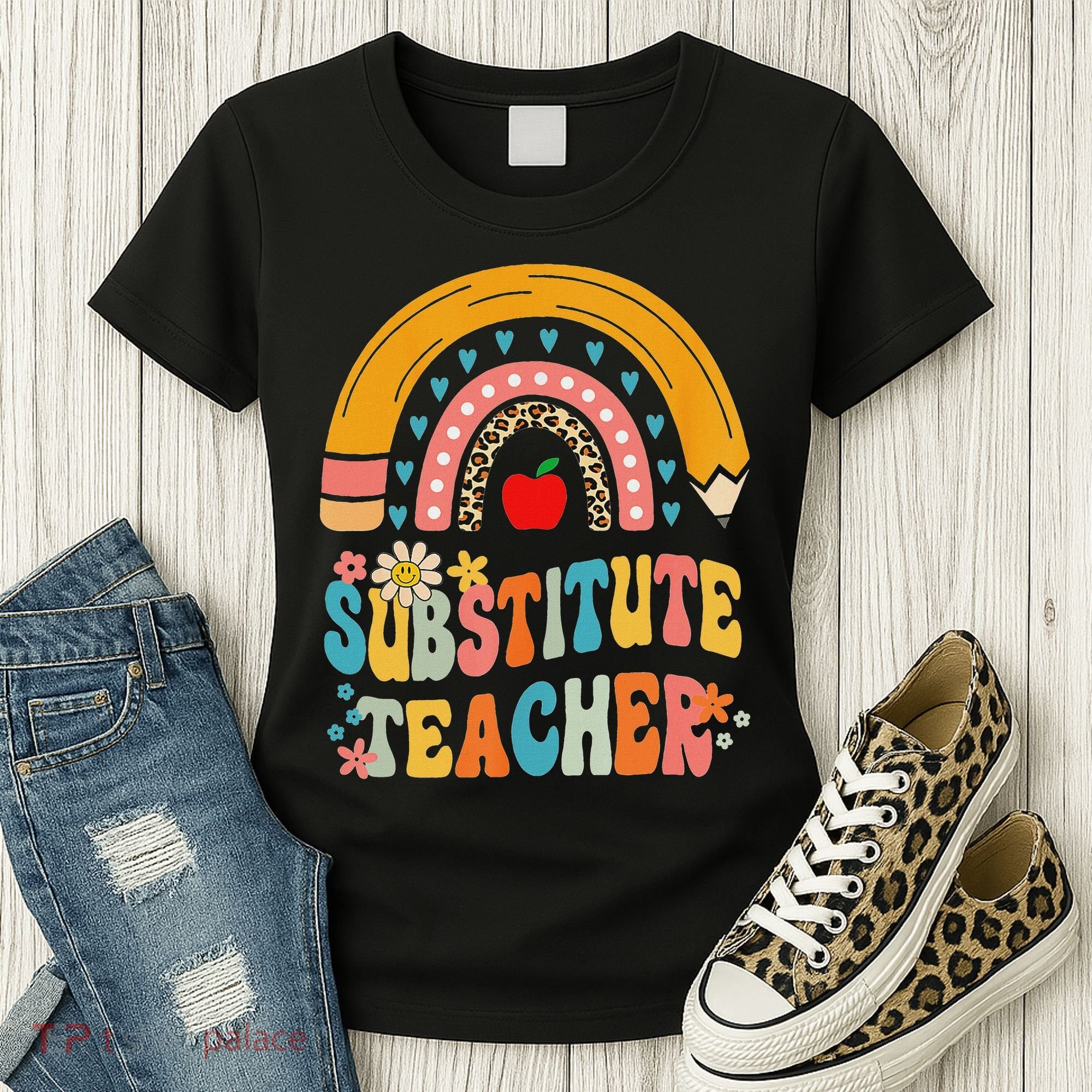 Substitute Teacher Rainbow Pencil Groovy Teacher Flower Women's T-Shirt