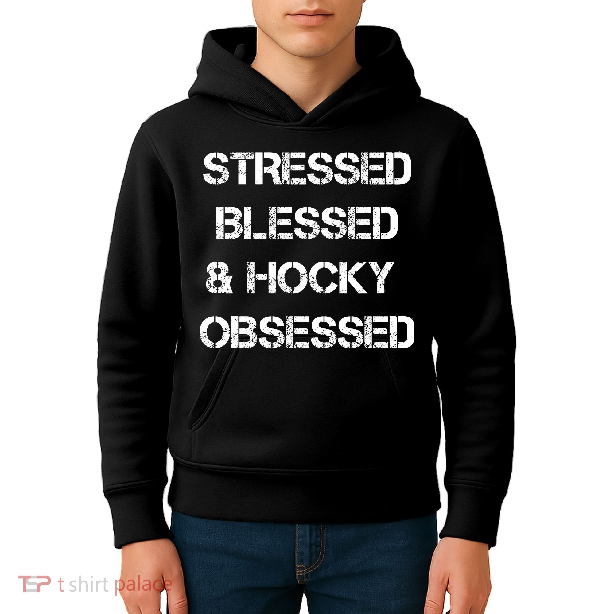 Stressed Blessed Hockey Obsessed Kids Hoodie
