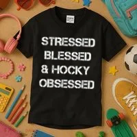 Stressed Blessed Hockey Obsessed Kids T-Shirt thumb 3