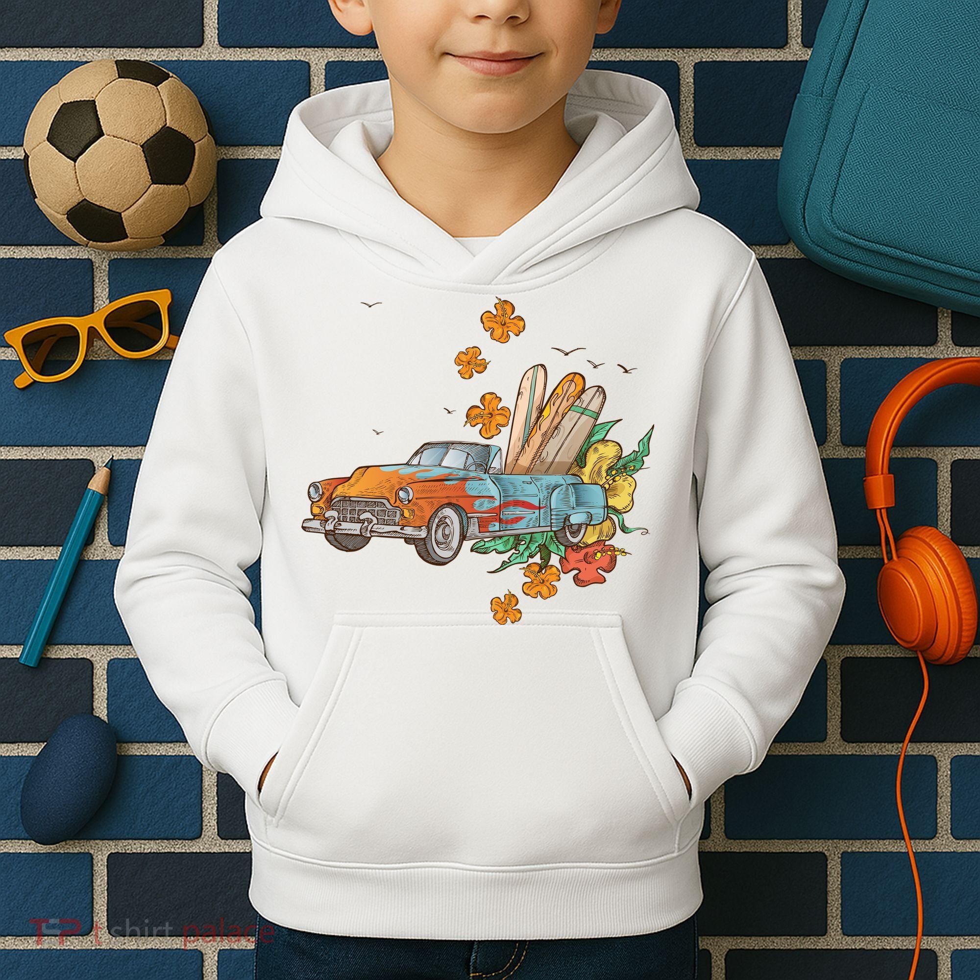 Surfing Tropical Summer Retro Truck Kids Hoodie