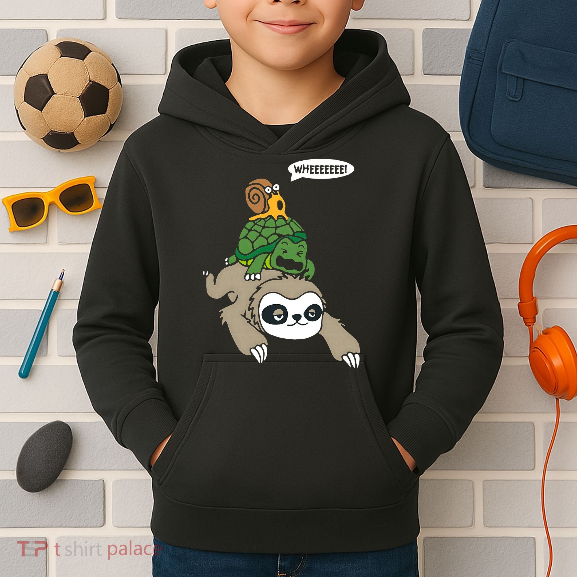 Sloth Turtle Snail Piggyback Animal Running Wild Kids Hoodie