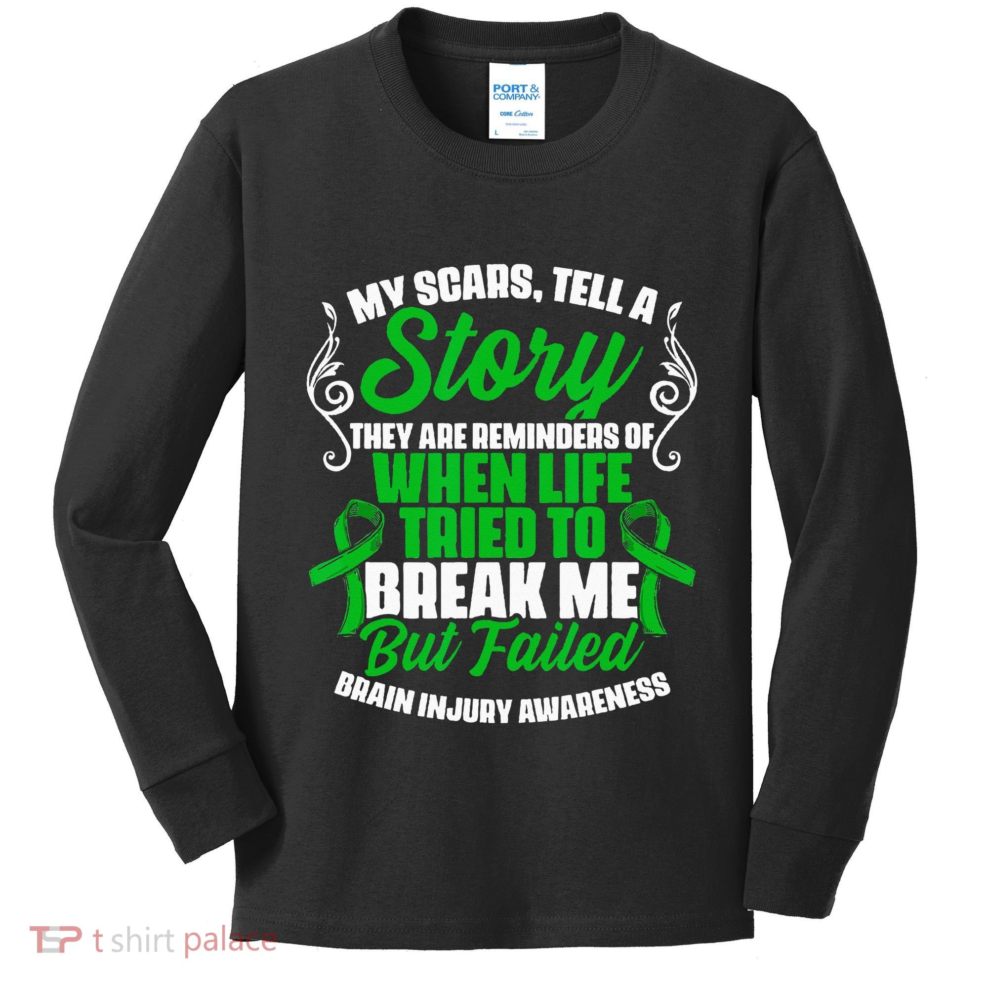 Scars Tell Story Traumatic Brain Injury Support TBI Survivor Kids Long Sleeve Shirt
