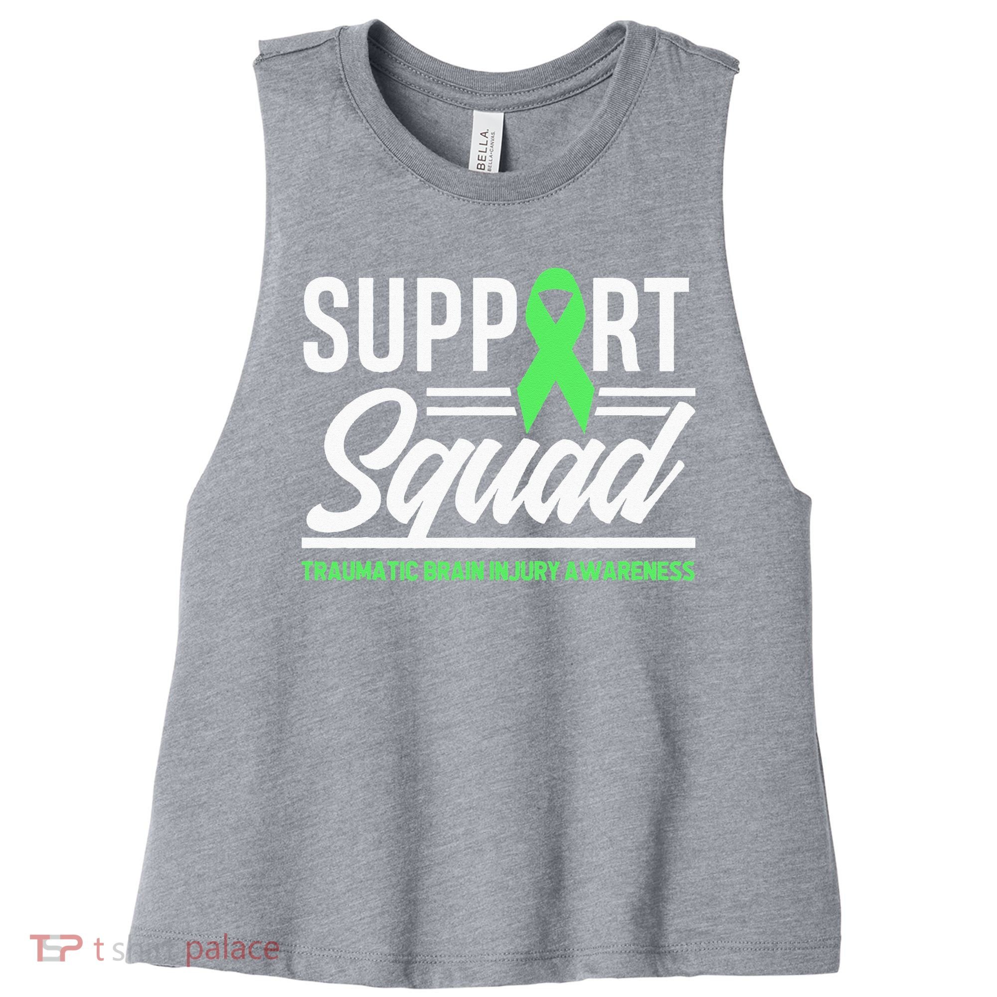 Support TBI Support Squad Traumatic Brain Injury Awareness Women's Racerback Cropped Tank