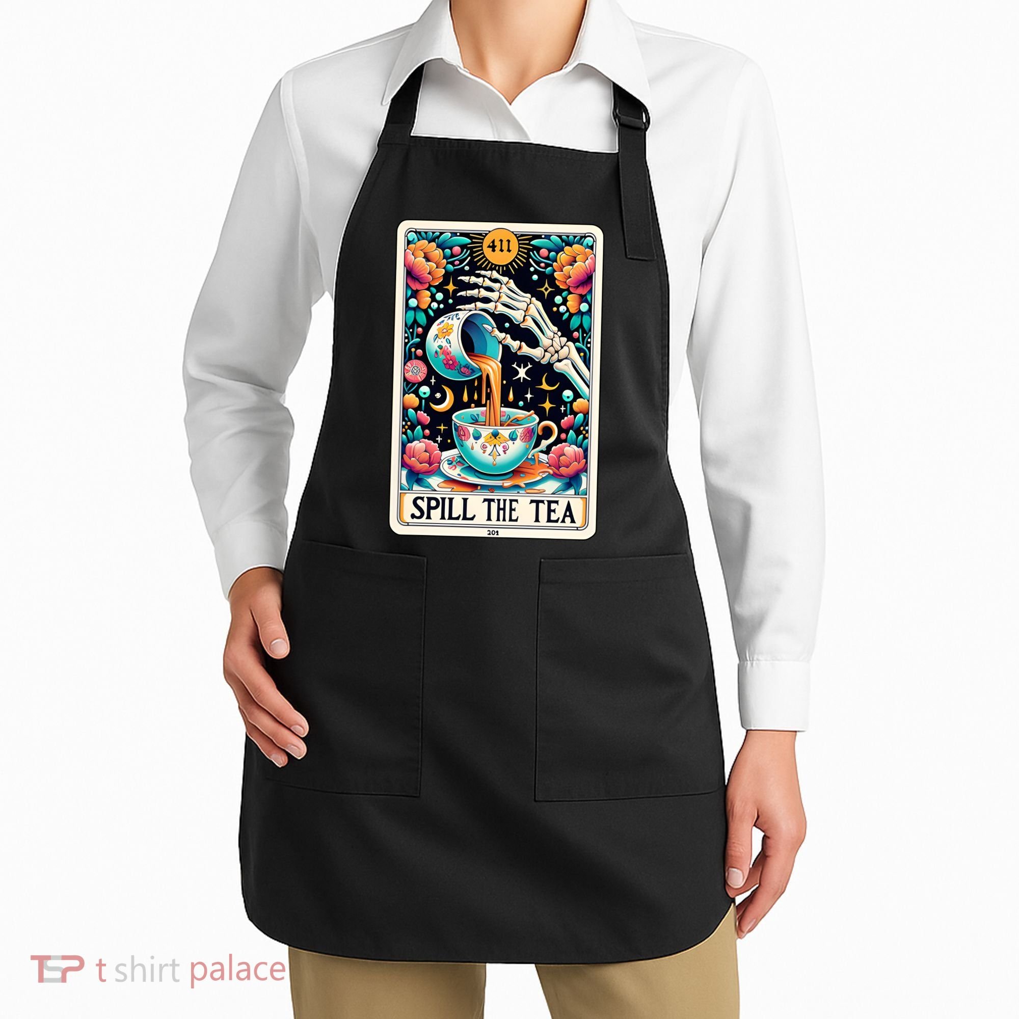 Spill The Tea Funny Tarot Card Sarcastic Skeleton Apron