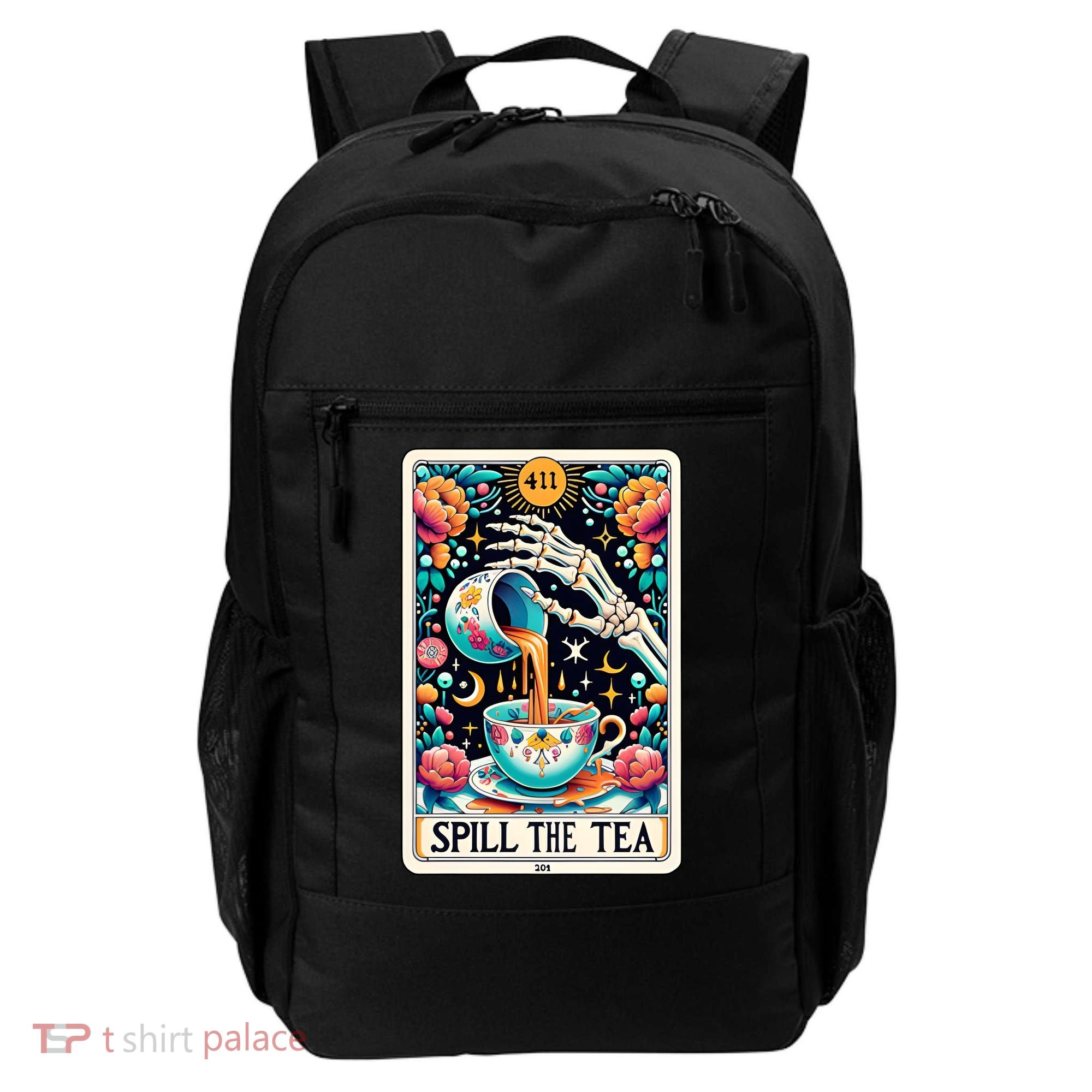 Spill The Tea Funny Tarot Card Sarcastic Skeleton Backpack