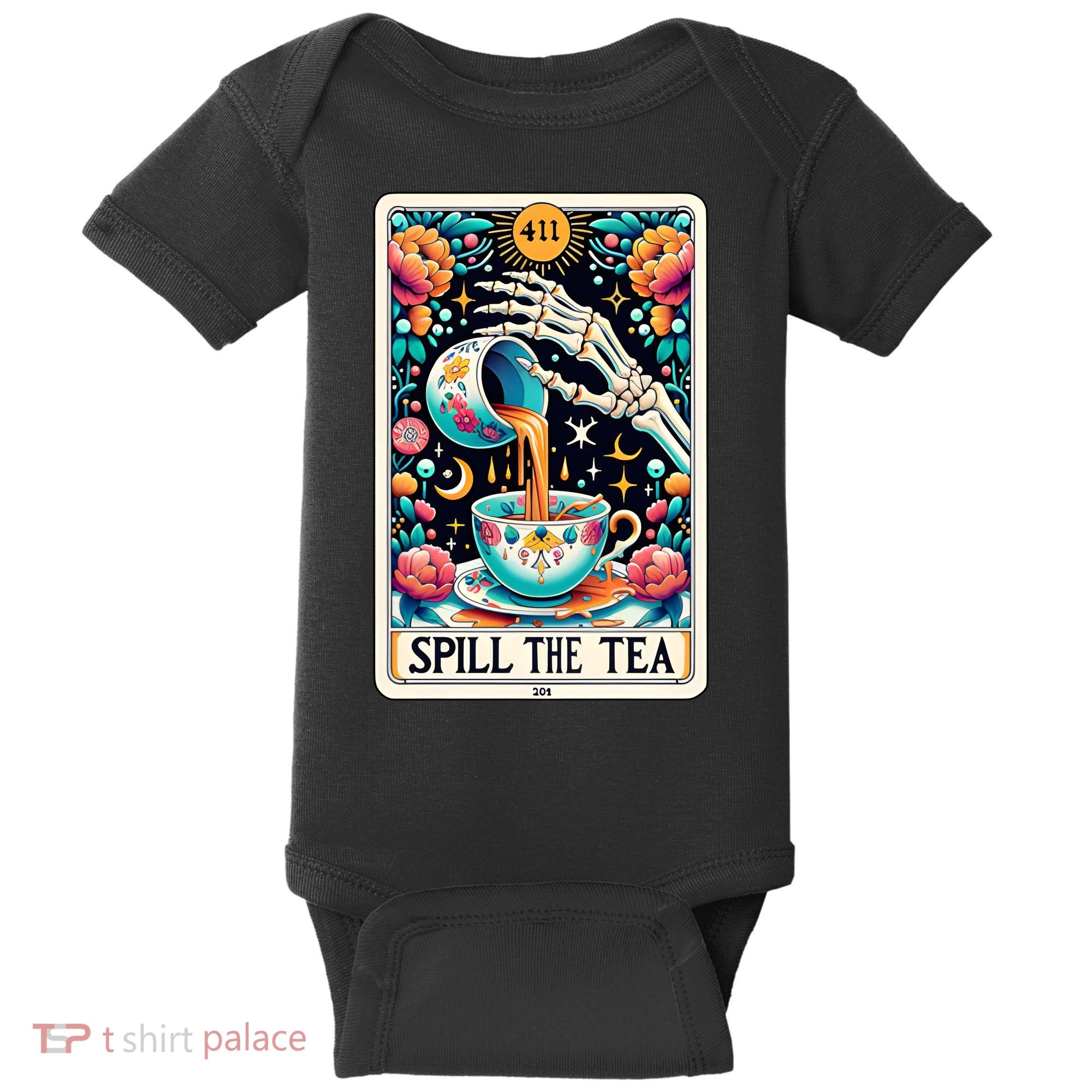 Spill The Tea Funny Tarot Card Sarcastic Skeleton Baby Bodysuit