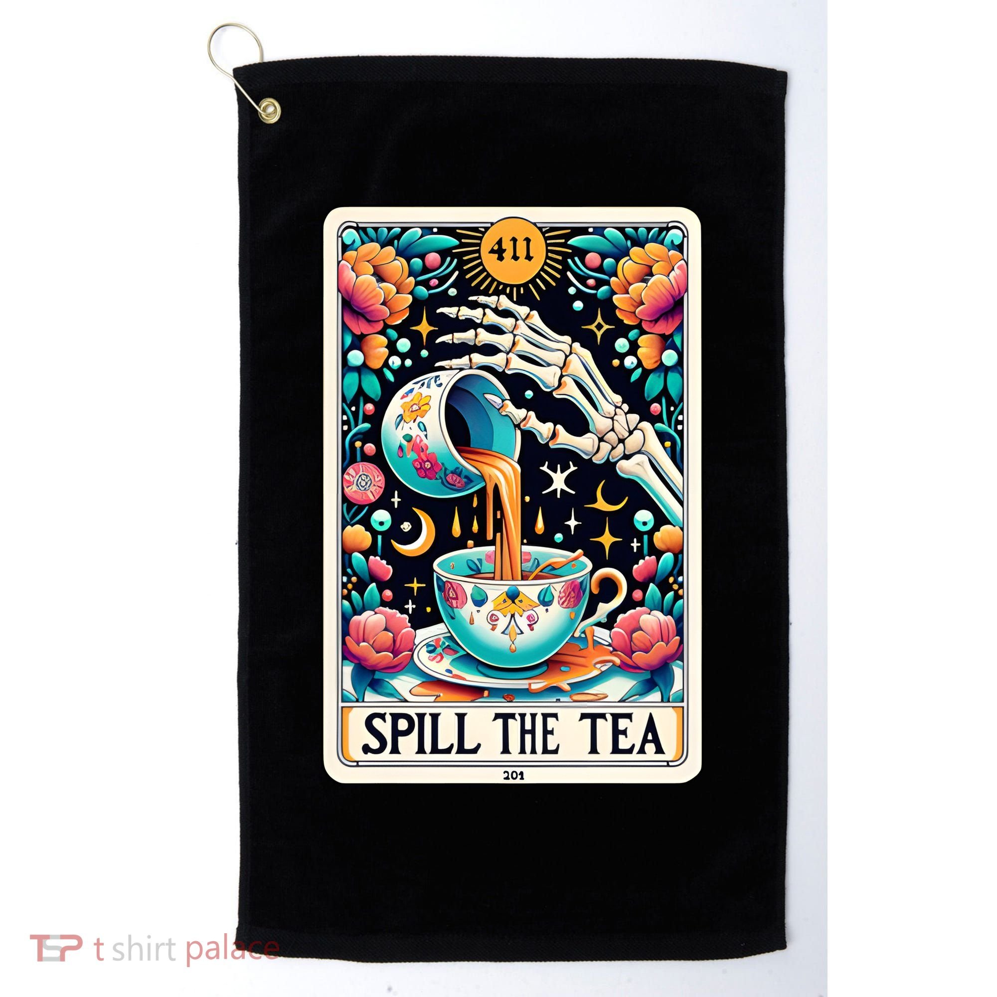 Spill The Tea Funny Tarot Card Sarcastic Skeleton Golf Towel