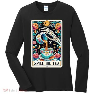 Spill The Tea Funny Tarot Card Sarcastic Skeleton Women's Long Sleeve Shirt