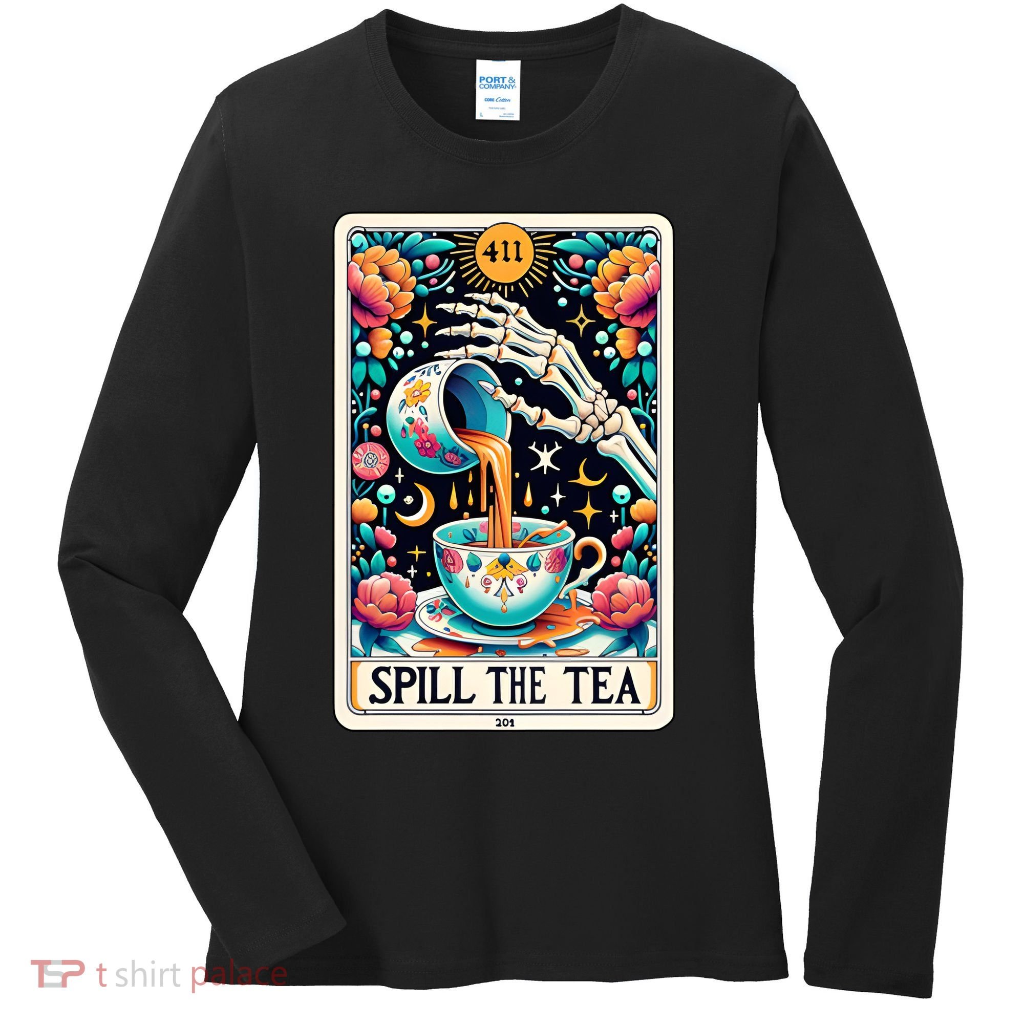 Spill The Tea Funny Tarot Card Sarcastic Skeleton Women's Long Sleeve Shirt