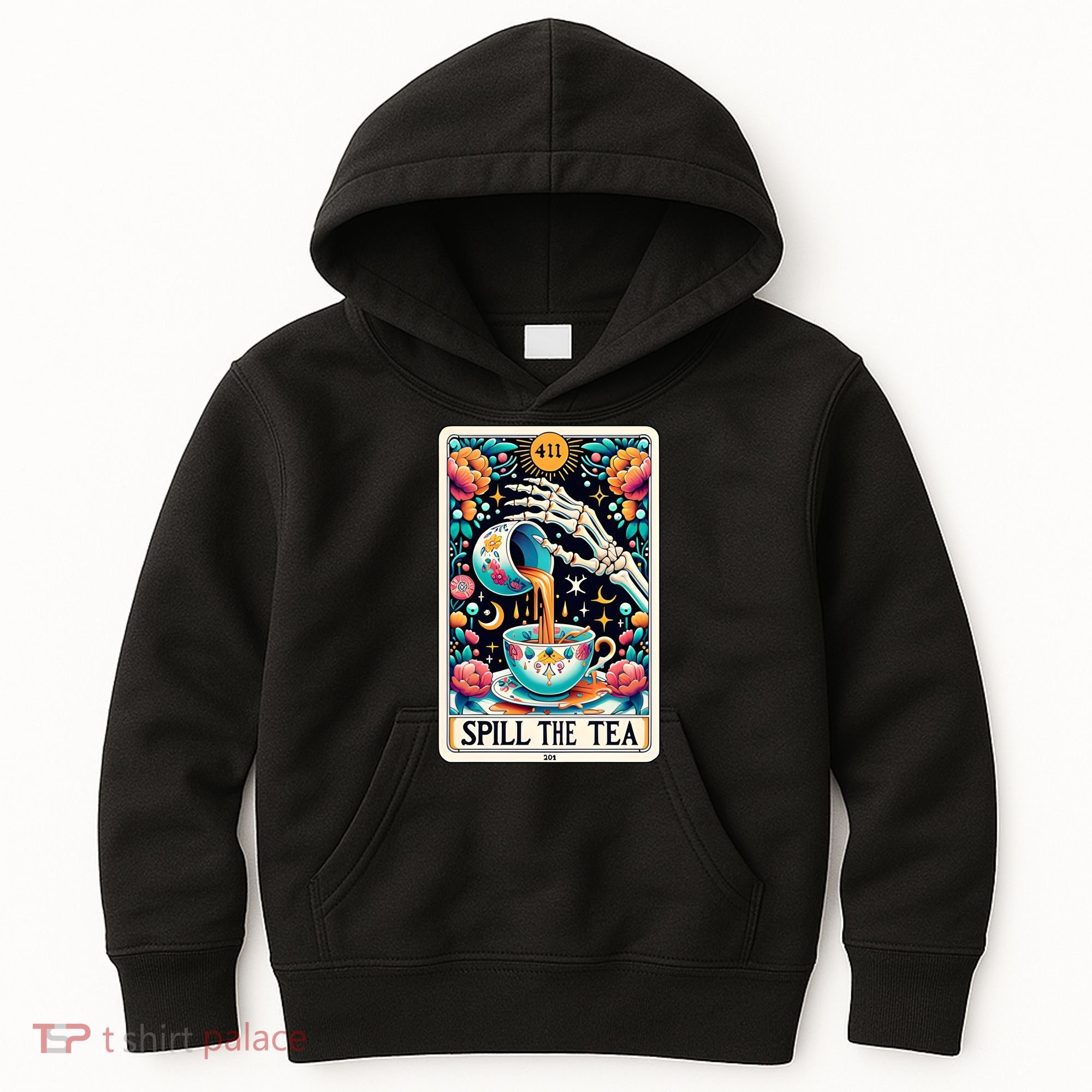 Spill The Tea Funny Tarot Card Sarcastic Skeleton Kids Hoodie