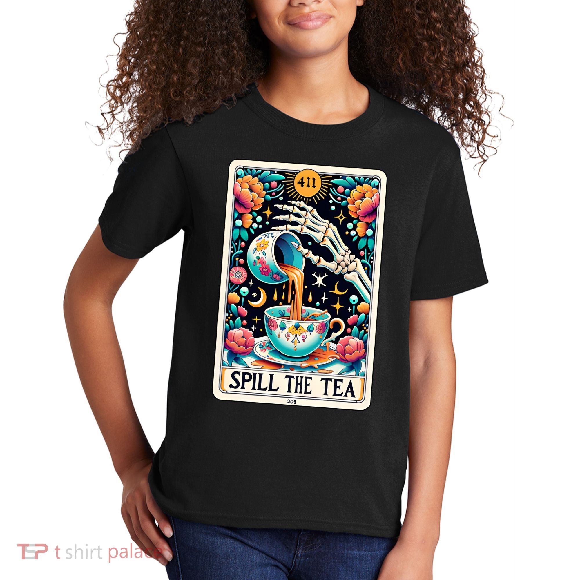 Spill The Tea Funny Tarot Card Sarcastic Skeleton Kids T-Shirt
