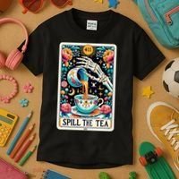 Spill The Tea Funny Tarot Card Sarcastic Skeleton Kids T-Shirt thumb 3