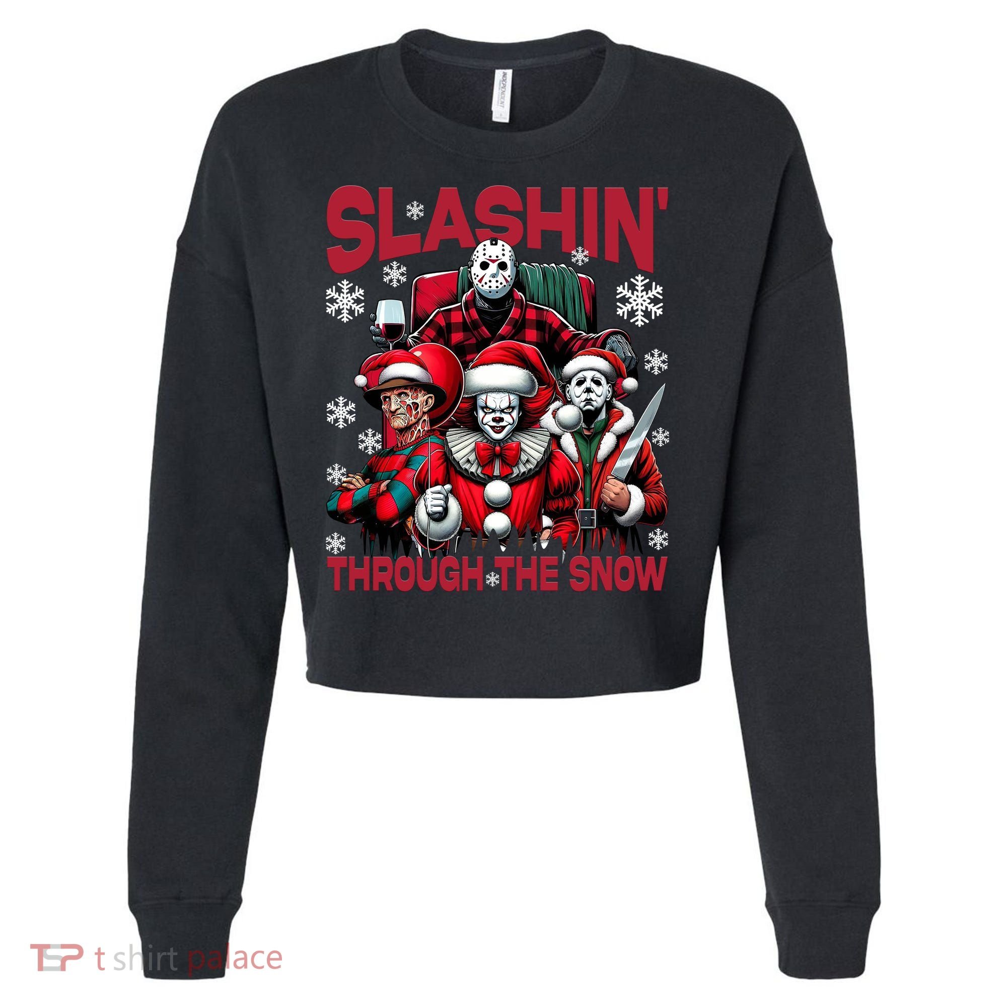 Slasin Through The Snow Series Xmas Horror Christmas Merry Creep Cropped Pullover Crew