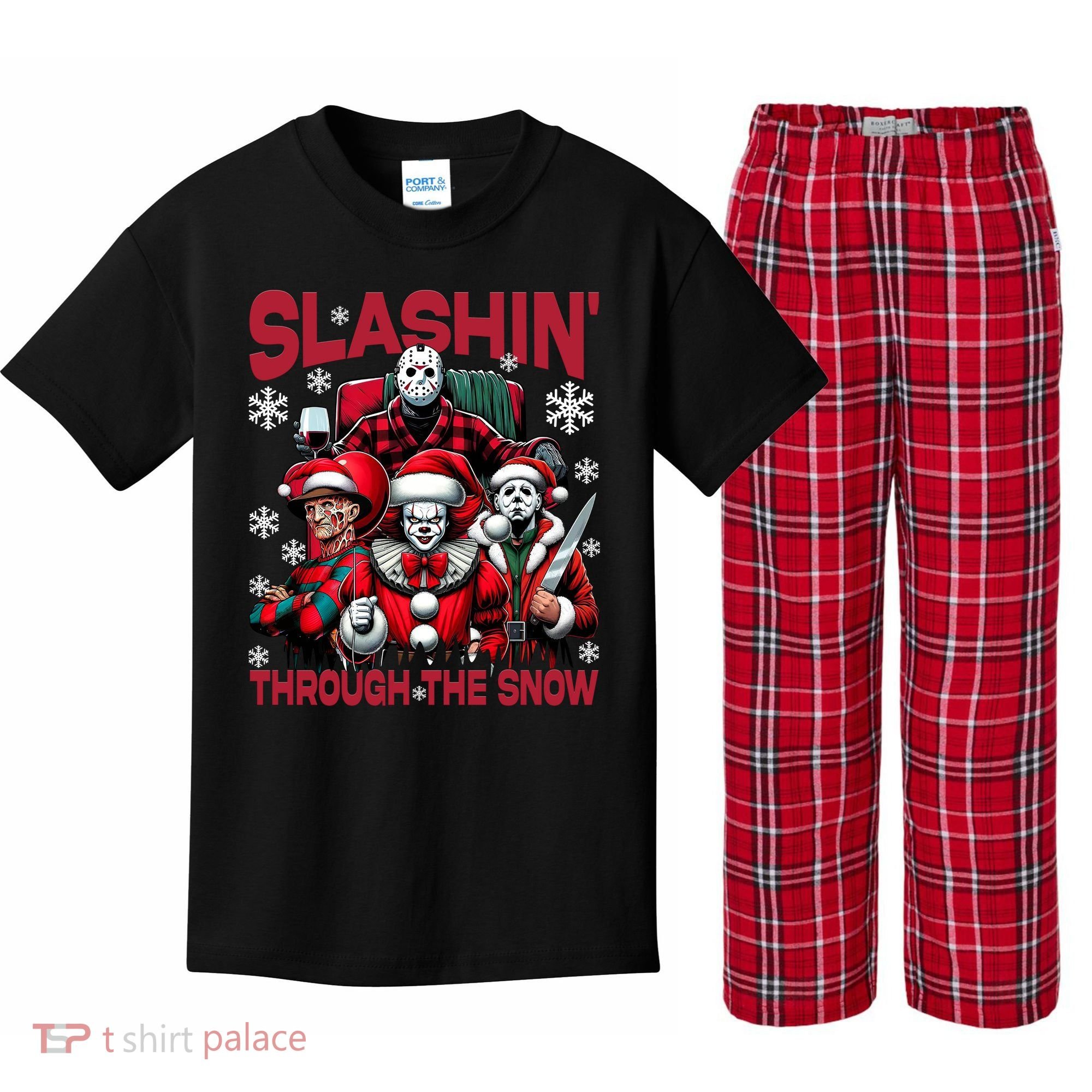 Slasin Through The Snow Series Xmas Horror Christmas Merry Creep Kids Plaid Pajama Set