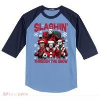 Slasin Through The Snow Series Xmas Horror Christmas Merry Creep Raglan Baseball Sleeve Shirt thumb 0